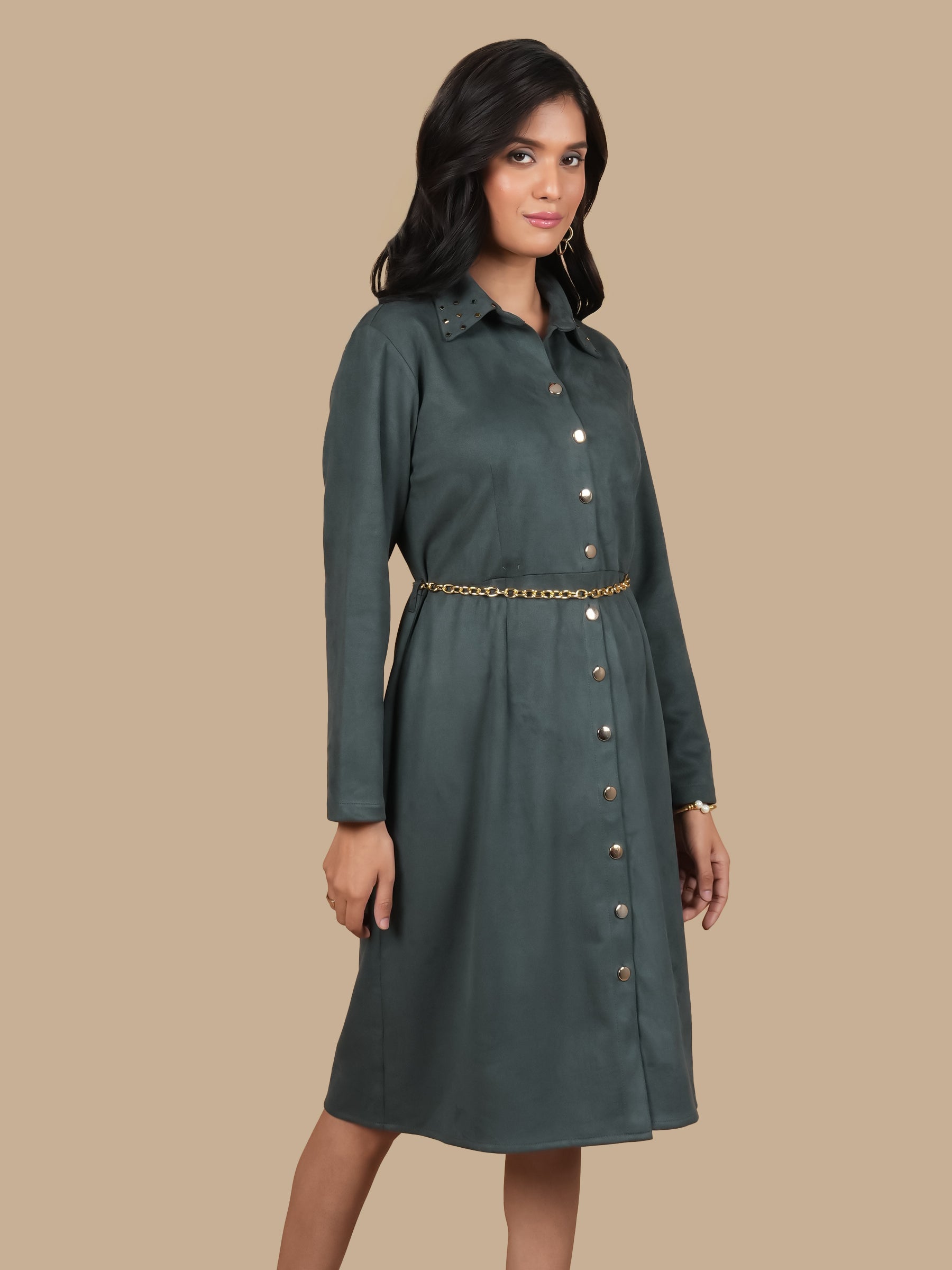BOTTLE GREEN SWAROSVKI  SUEDE DRESS