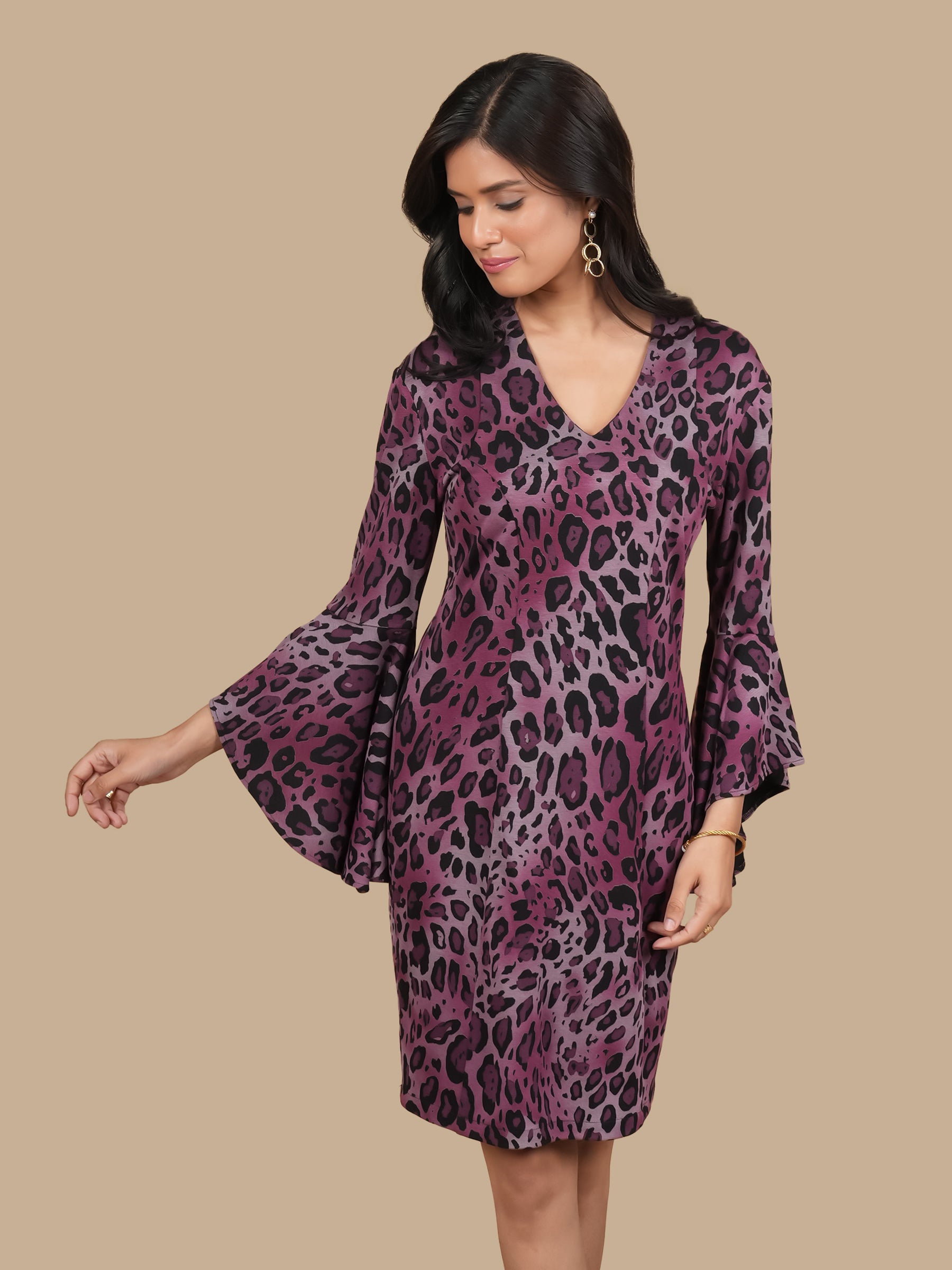 WINE LEOPARD PRINT  BELL SLEEVE DRESS