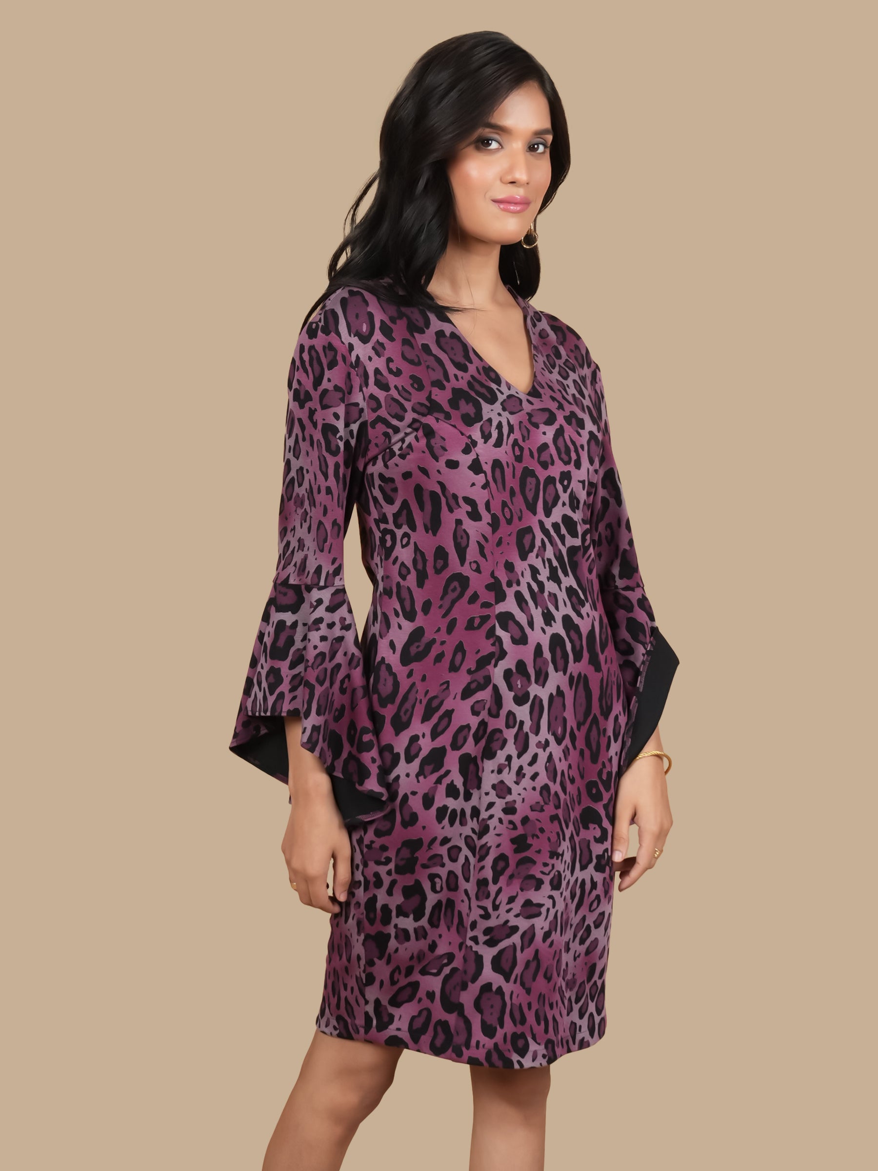 WINE LEOPARD PRINT  BELL SLEEVE DRESS
