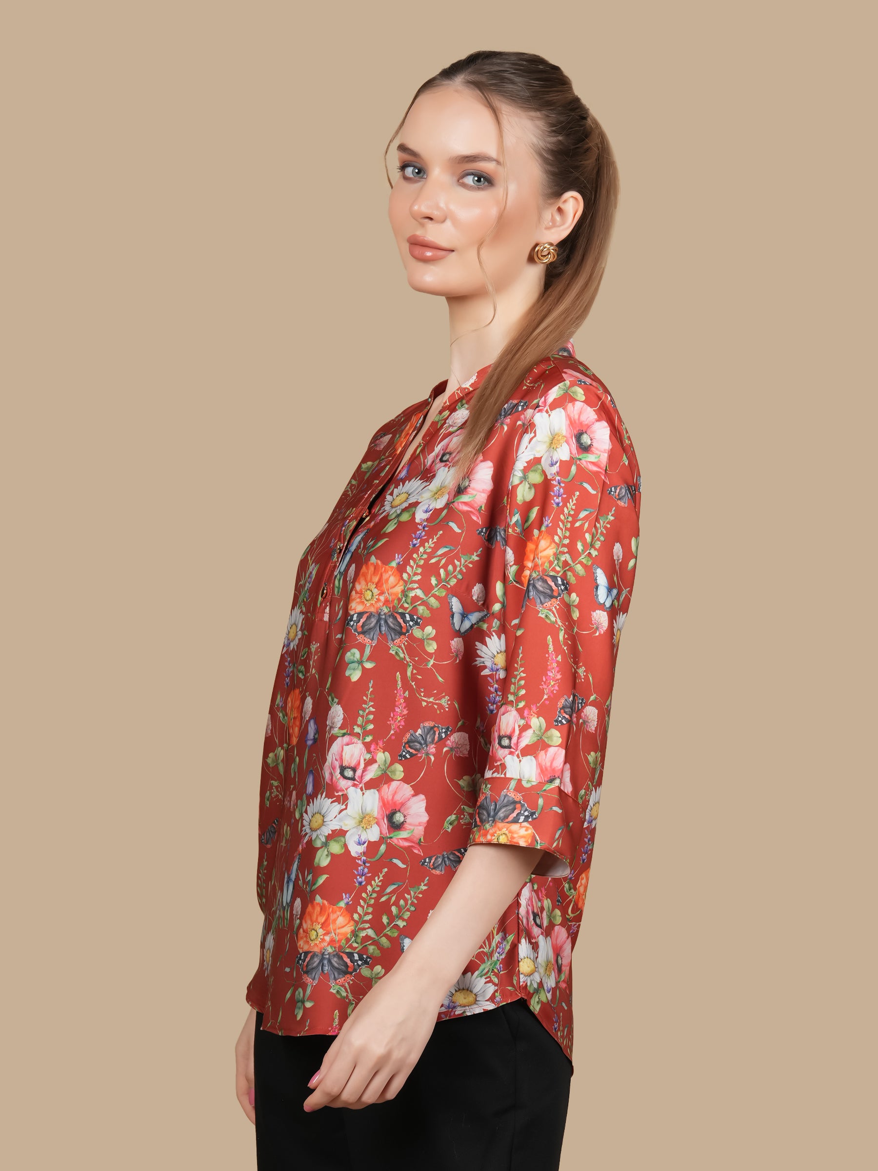 RUST FLORAL PRINTED  SATIN TOP