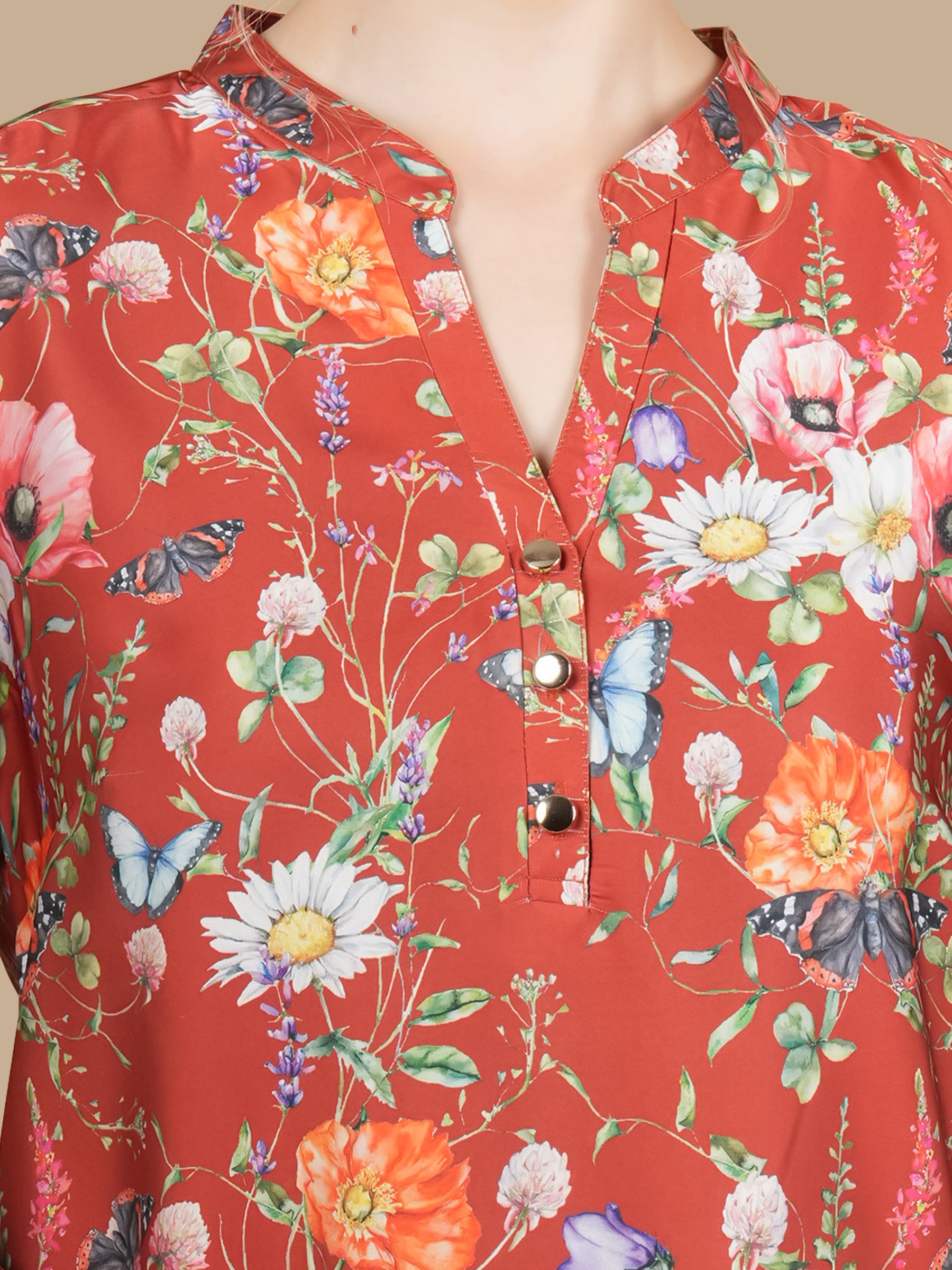 RUST FLORAL PRINTED  SATIN TOP