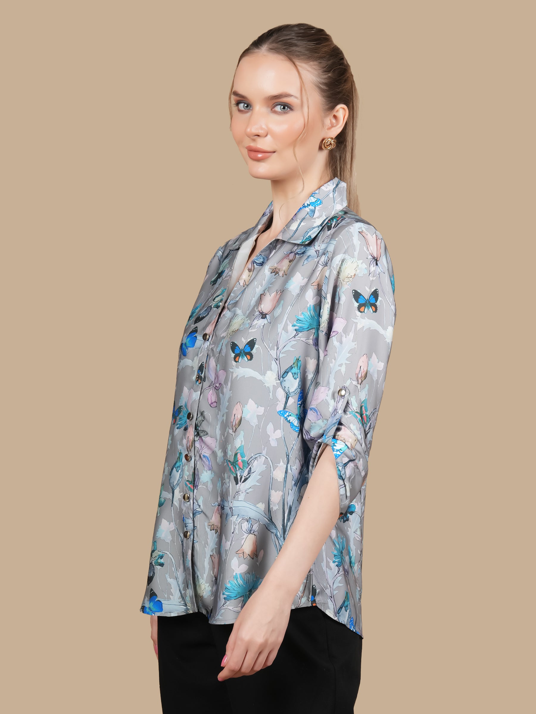 GREY FLORA SATIN SHIRT