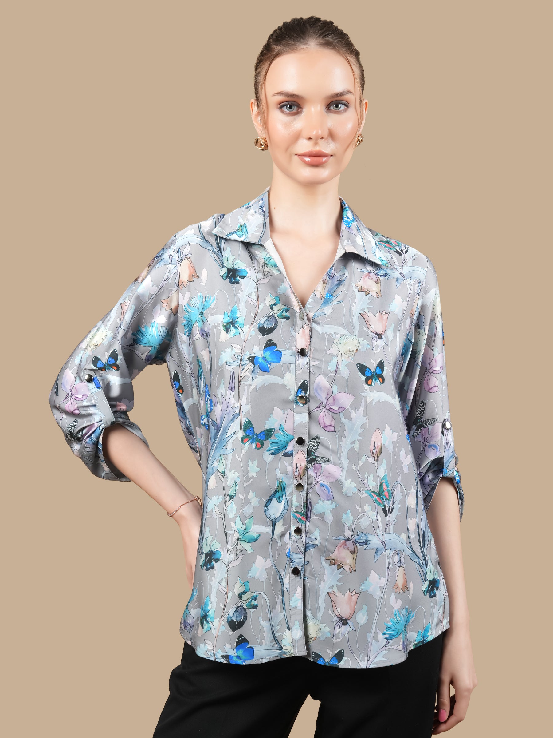 GREY FLORA SATIN SHIRT
