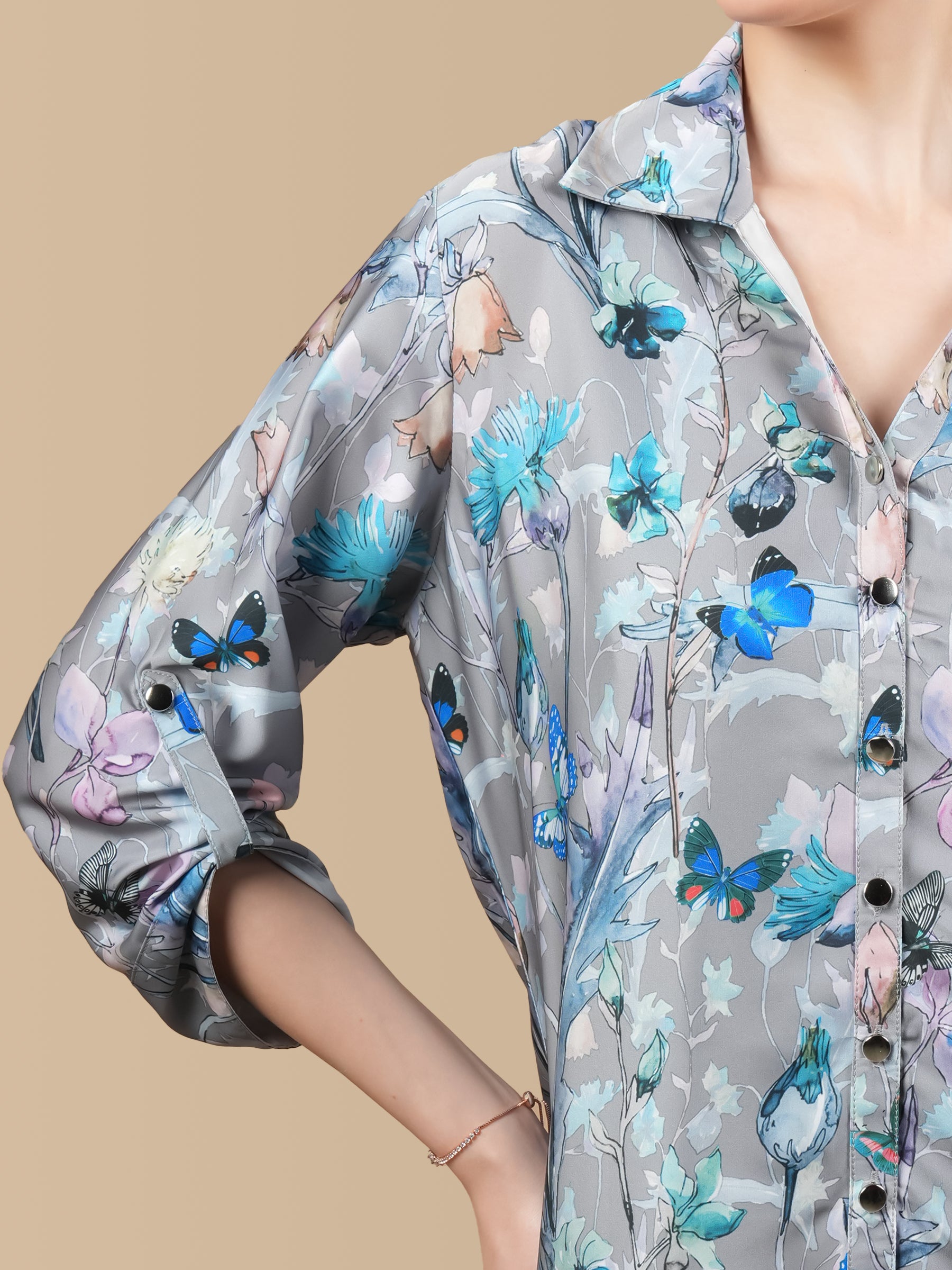 GREY FLORA SATIN SHIRT