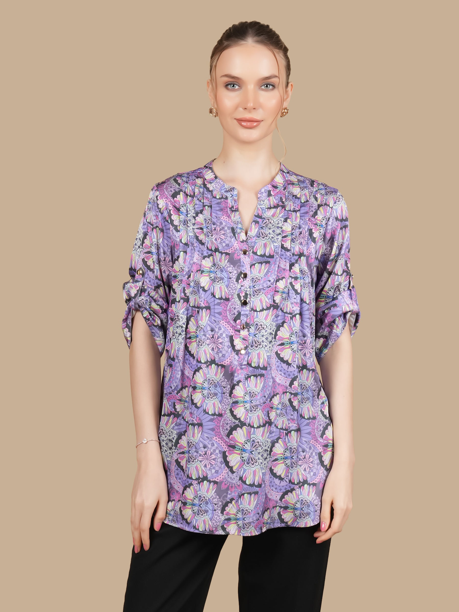 MOSAIC BUTTERFLY PUPLE  FRONT TUCK TOP