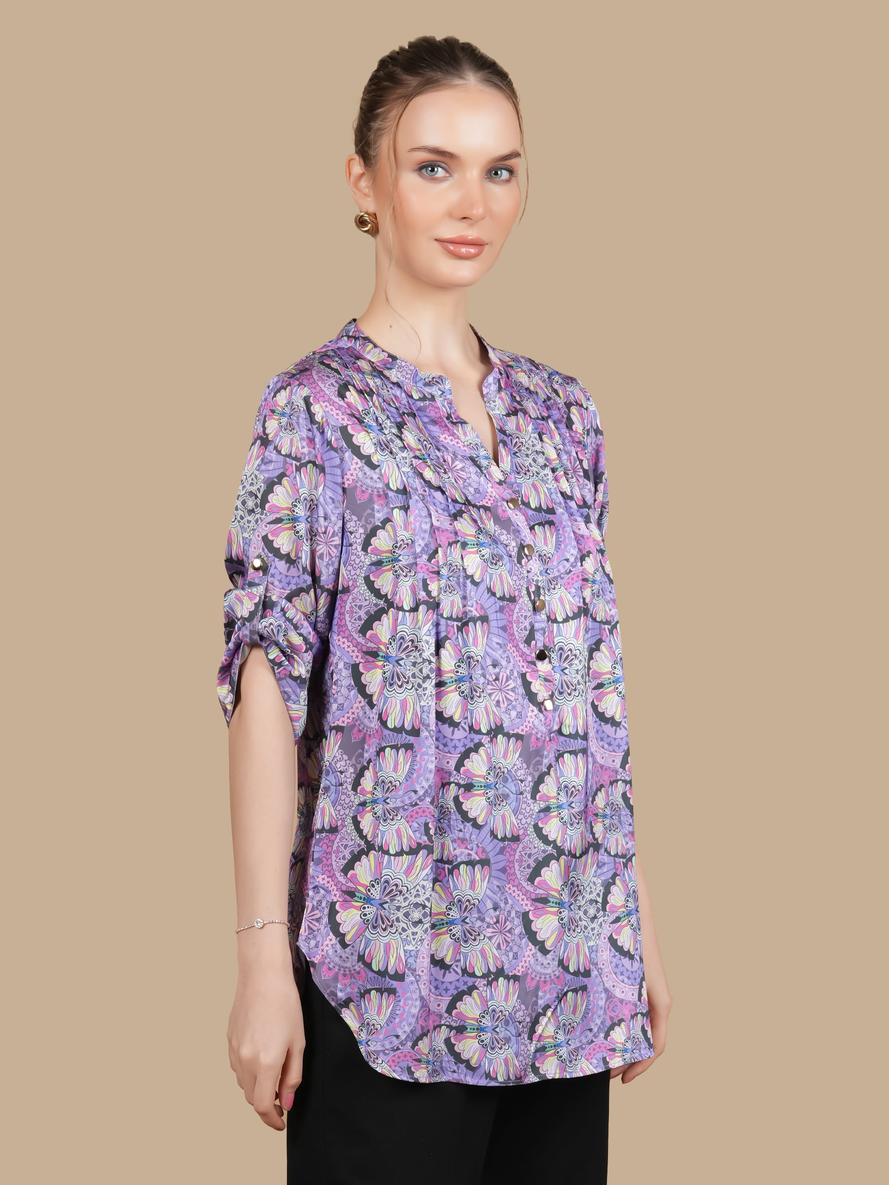 MOSAIC BUTTERFLY PUPLE  FRONT TUCK TOP