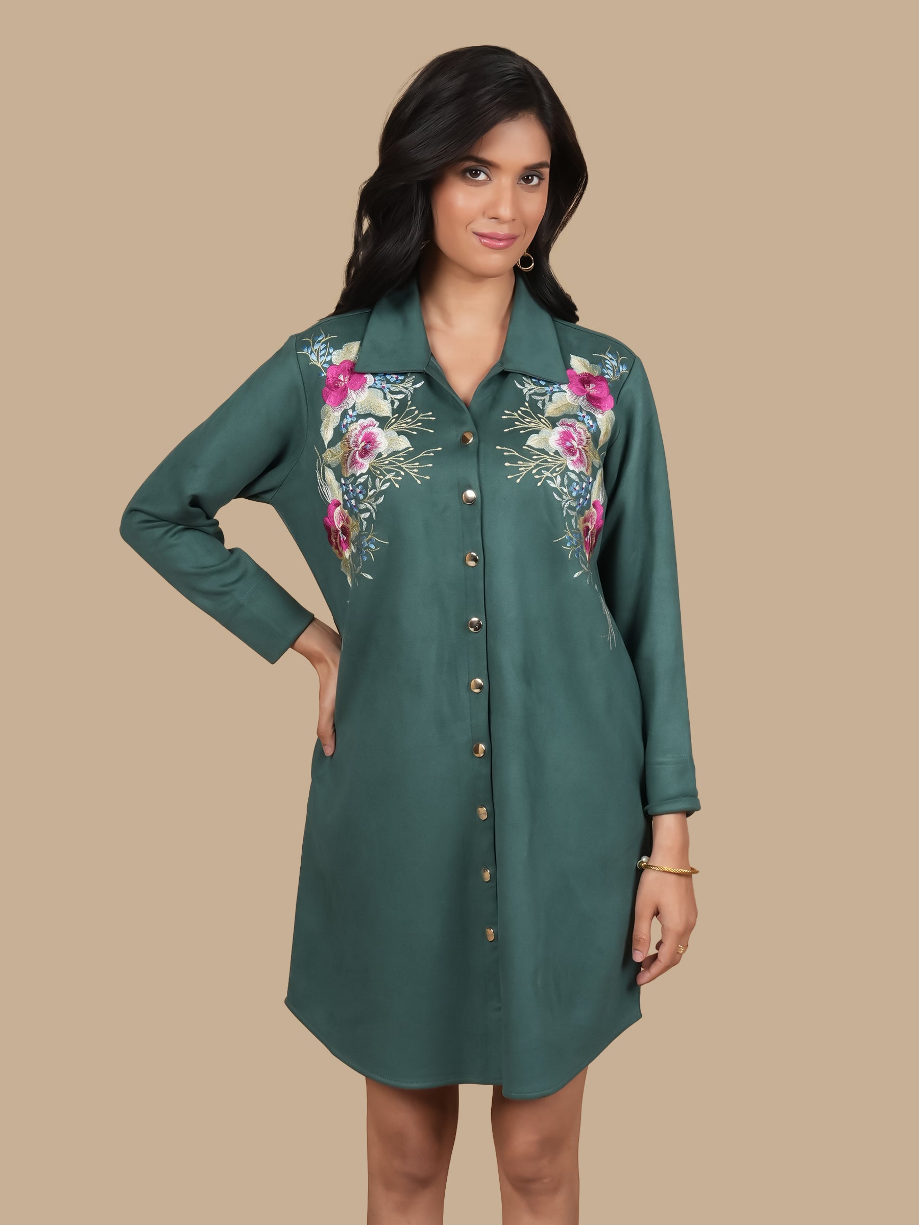 FLORAL CREST EMBROIDERED GREEN SHIRT DRESS
