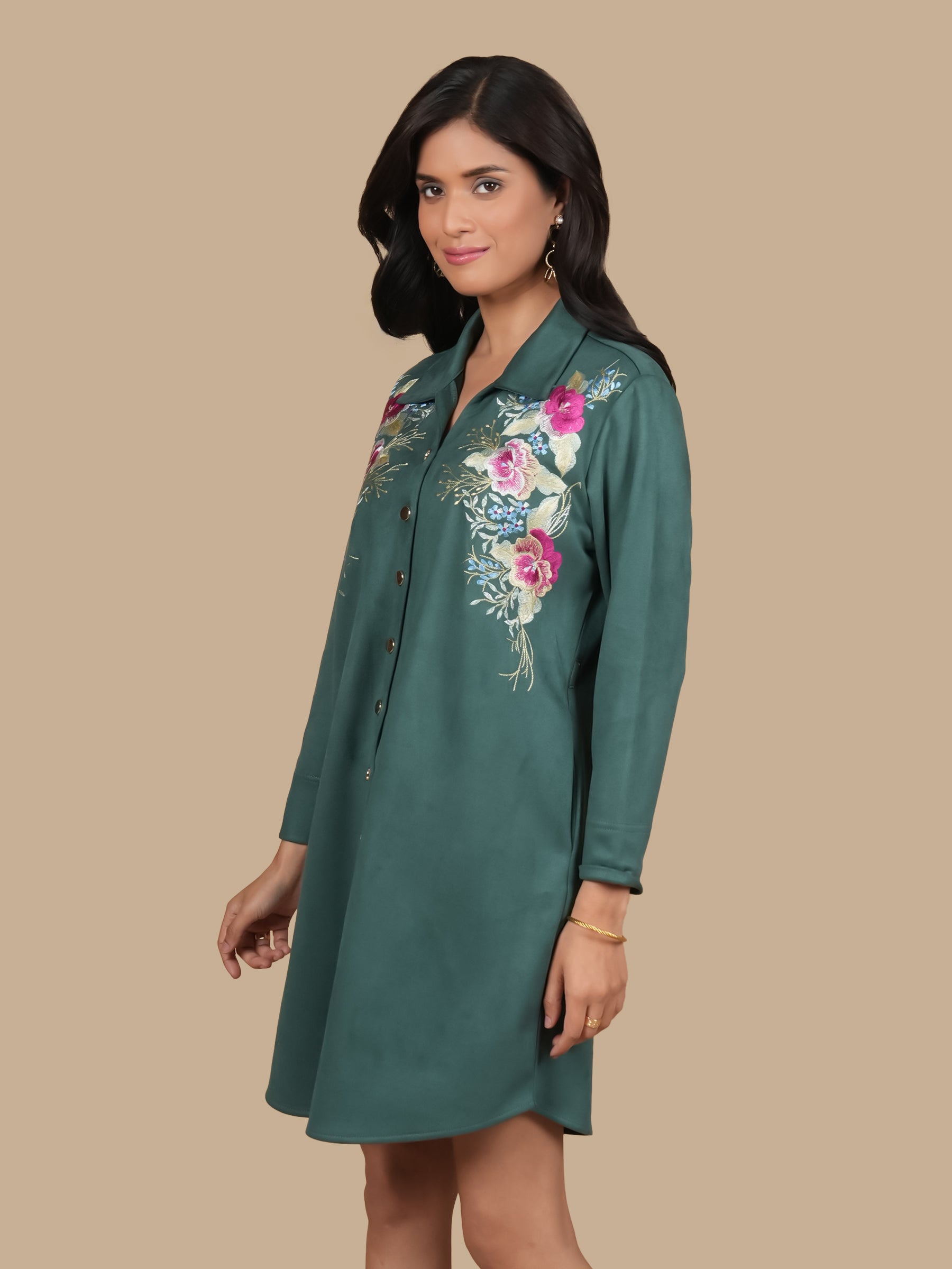 FLORAL CREST EMBROIDERED GREEN SHIRT DRESS