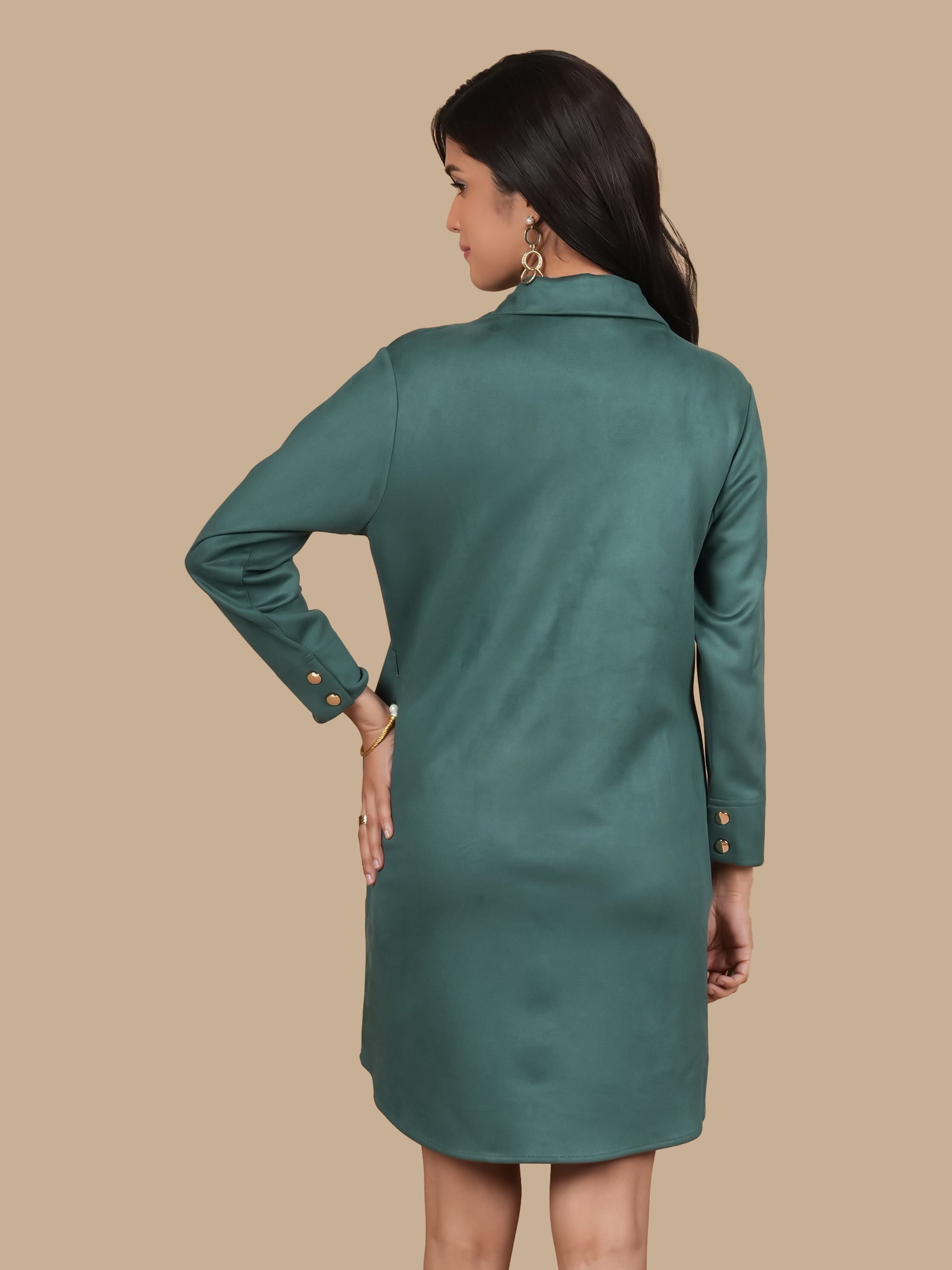 FLORAL CREST EMBROIDERED GREEN SHIRT DRESS