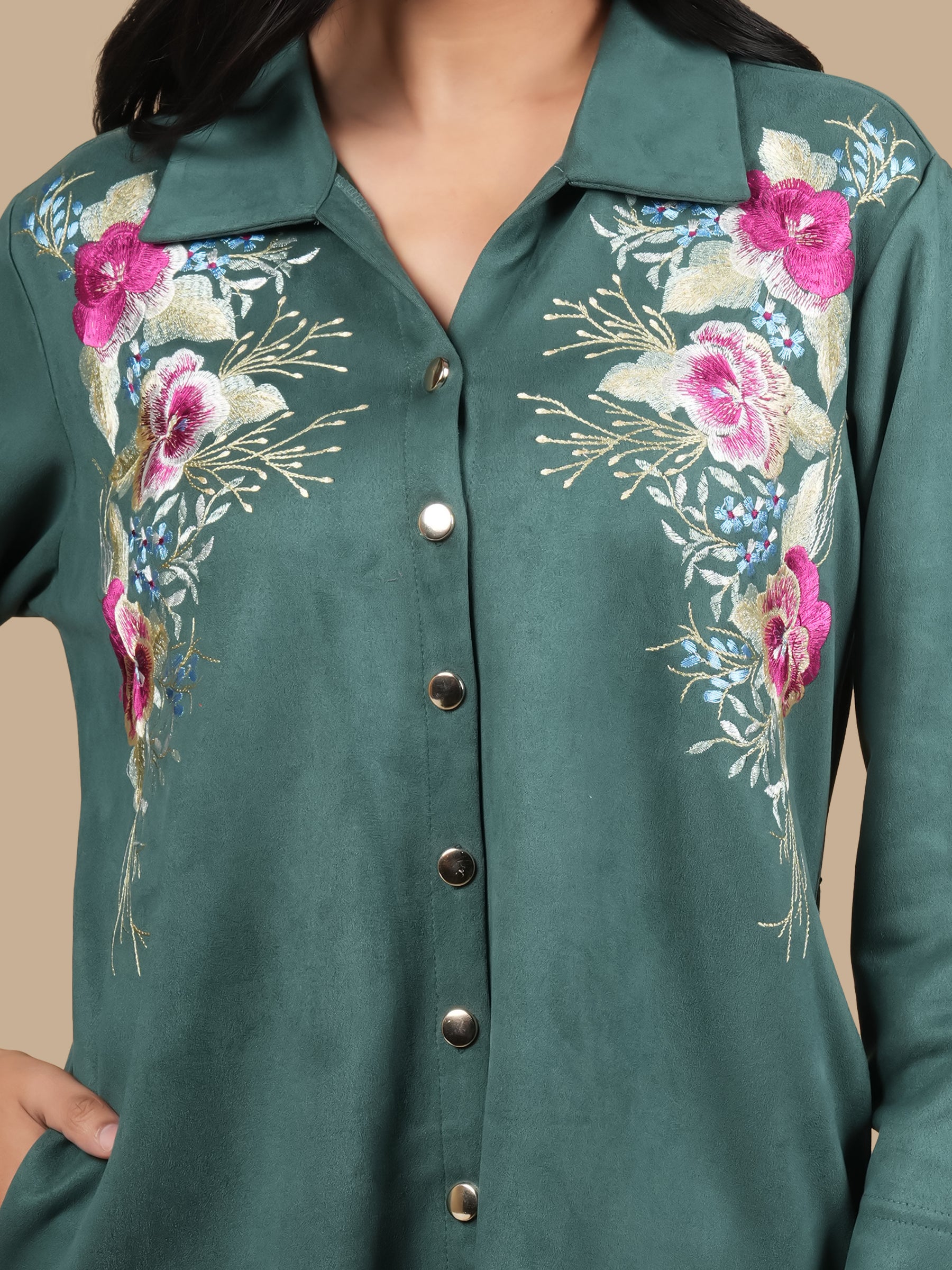 FLORAL CREST EMBROIDERED GREEN SHIRT DRESS
