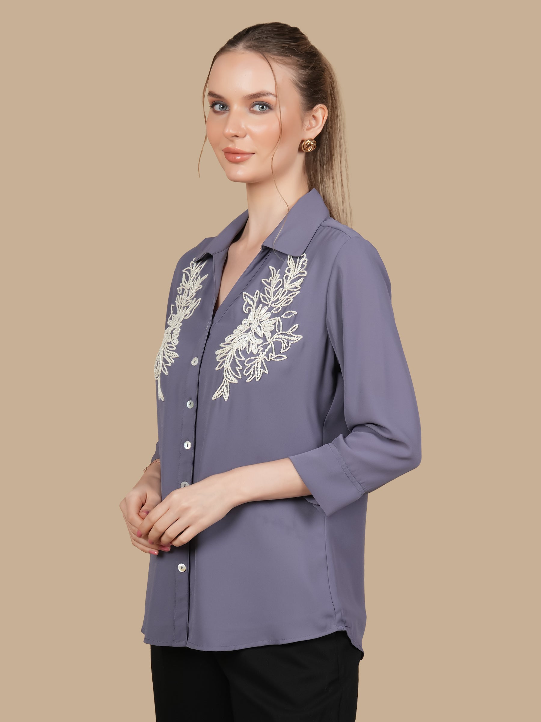 WHITE BEAD EMBELLISHED  GREY SHIRT