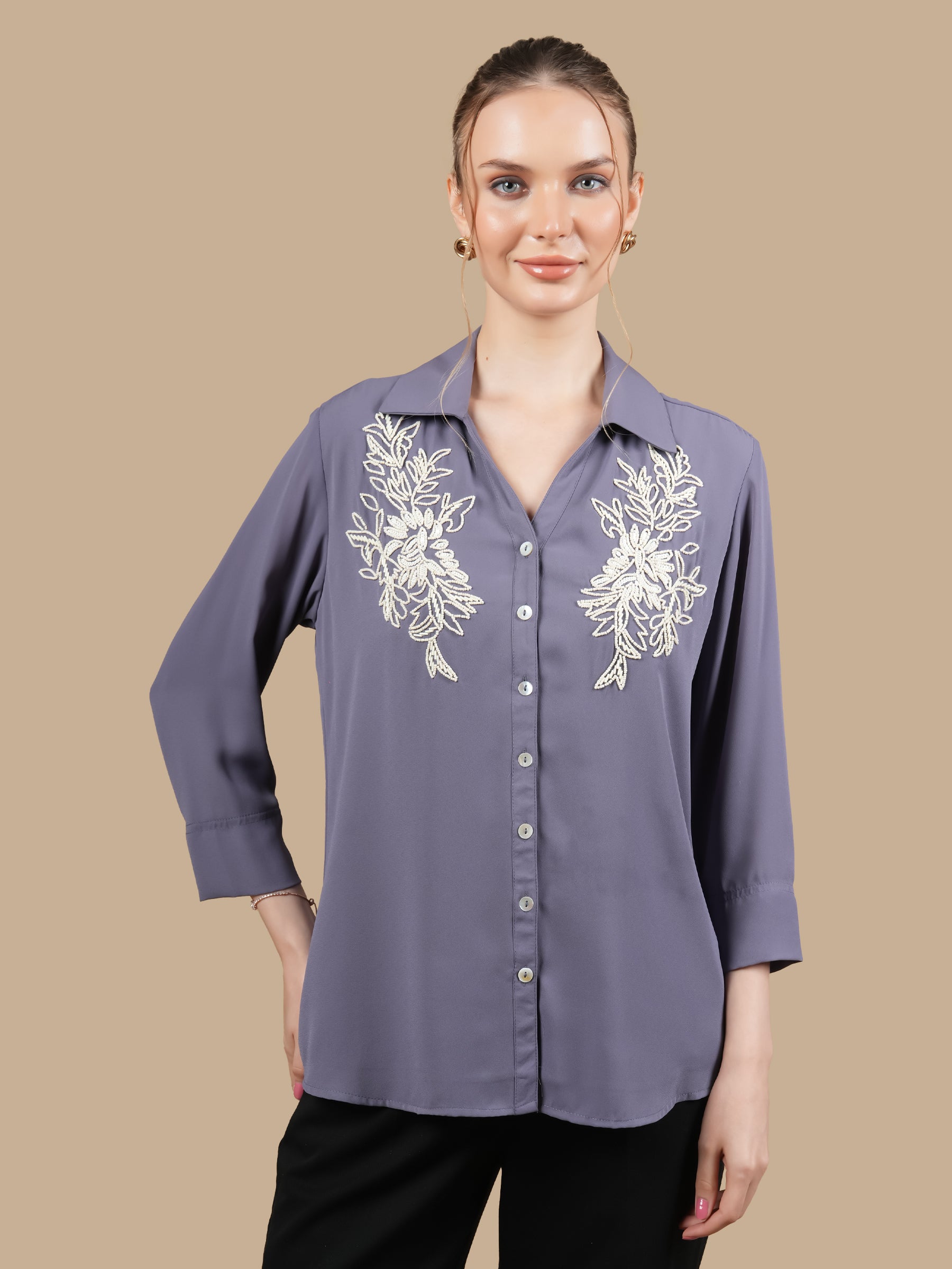 WHITE BEAD EMBELLISHED  GREY SHIRT