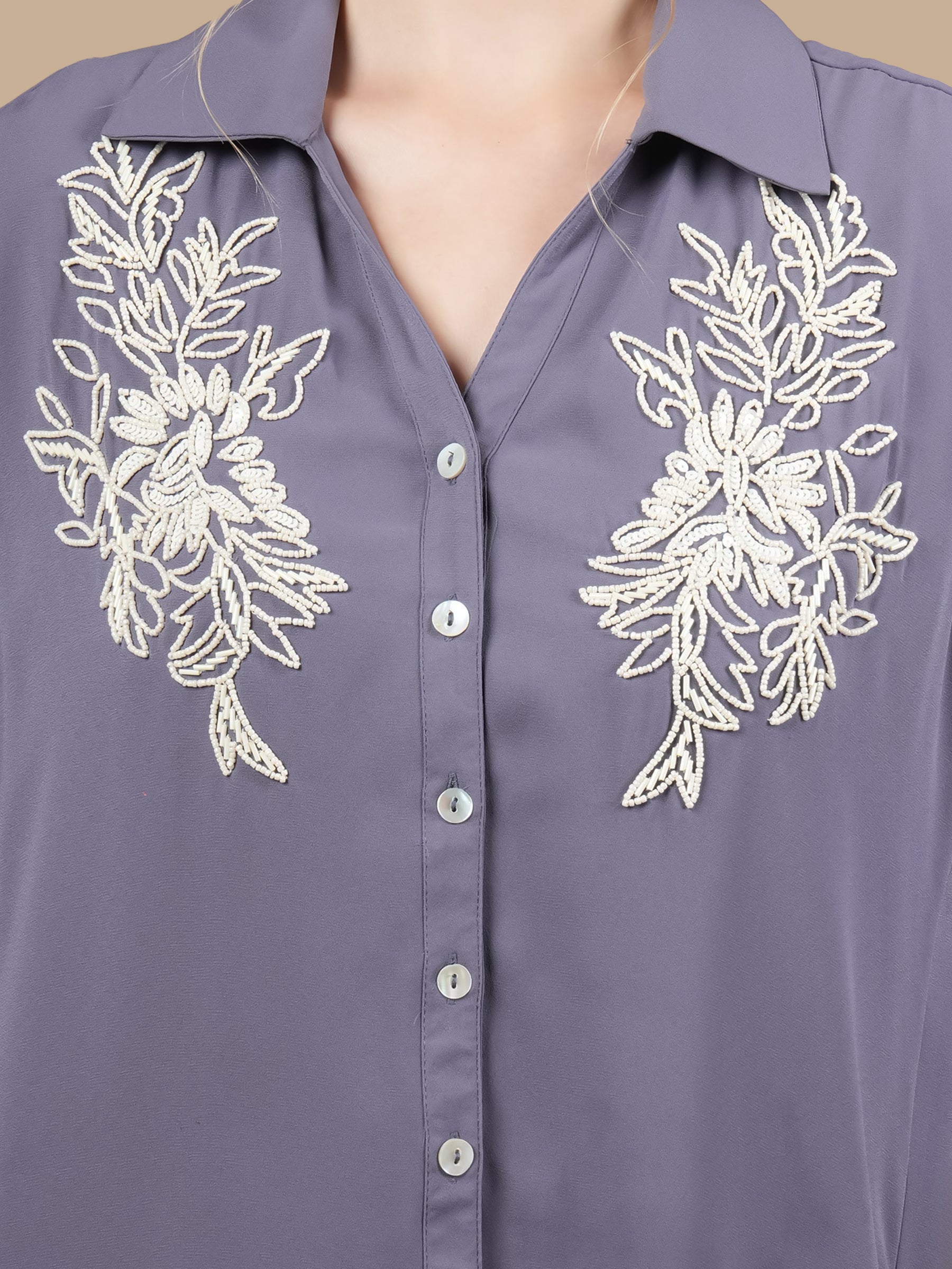 WHITE BEAD EMBELLISHED  GREY SHIRT