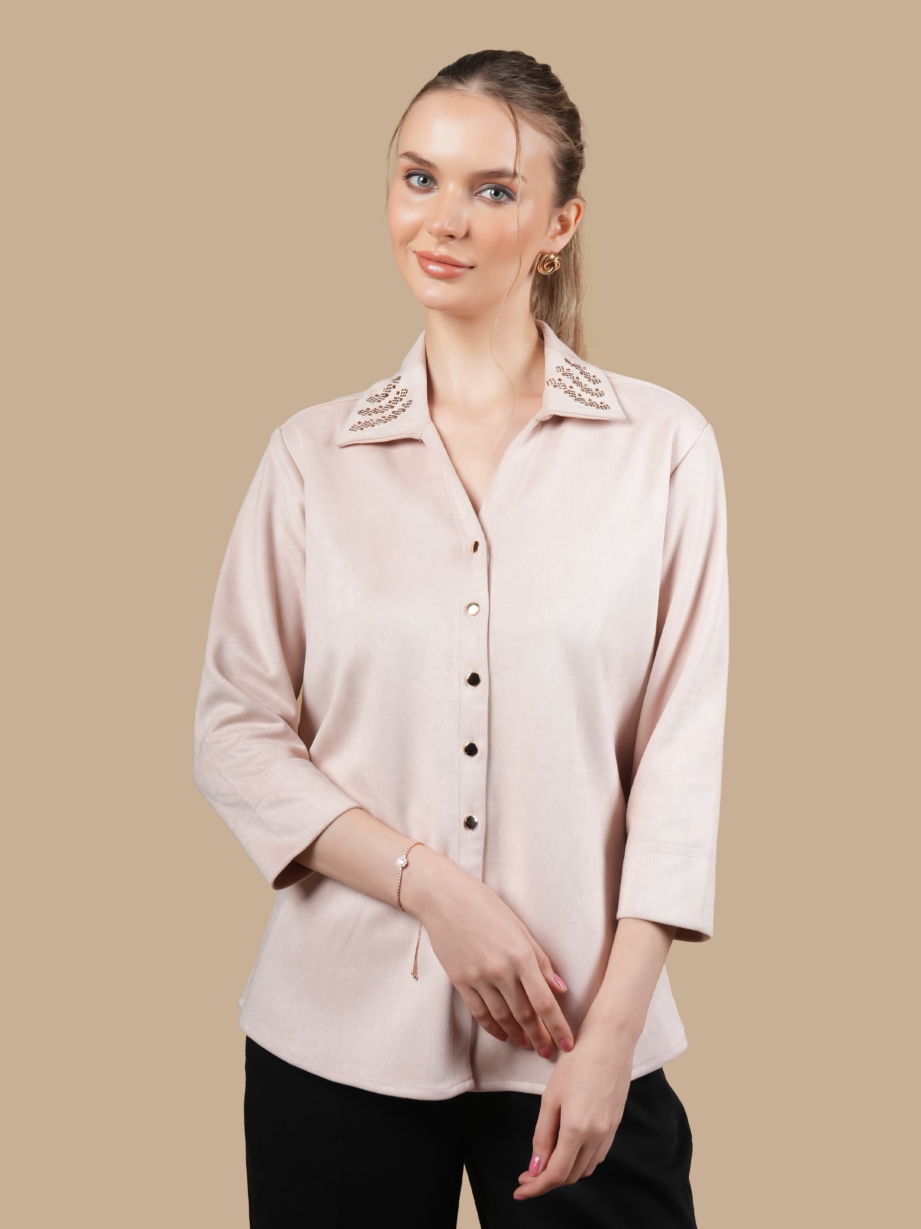 SWAROVSKI COLLAR  BLUSH PINK SHIRT