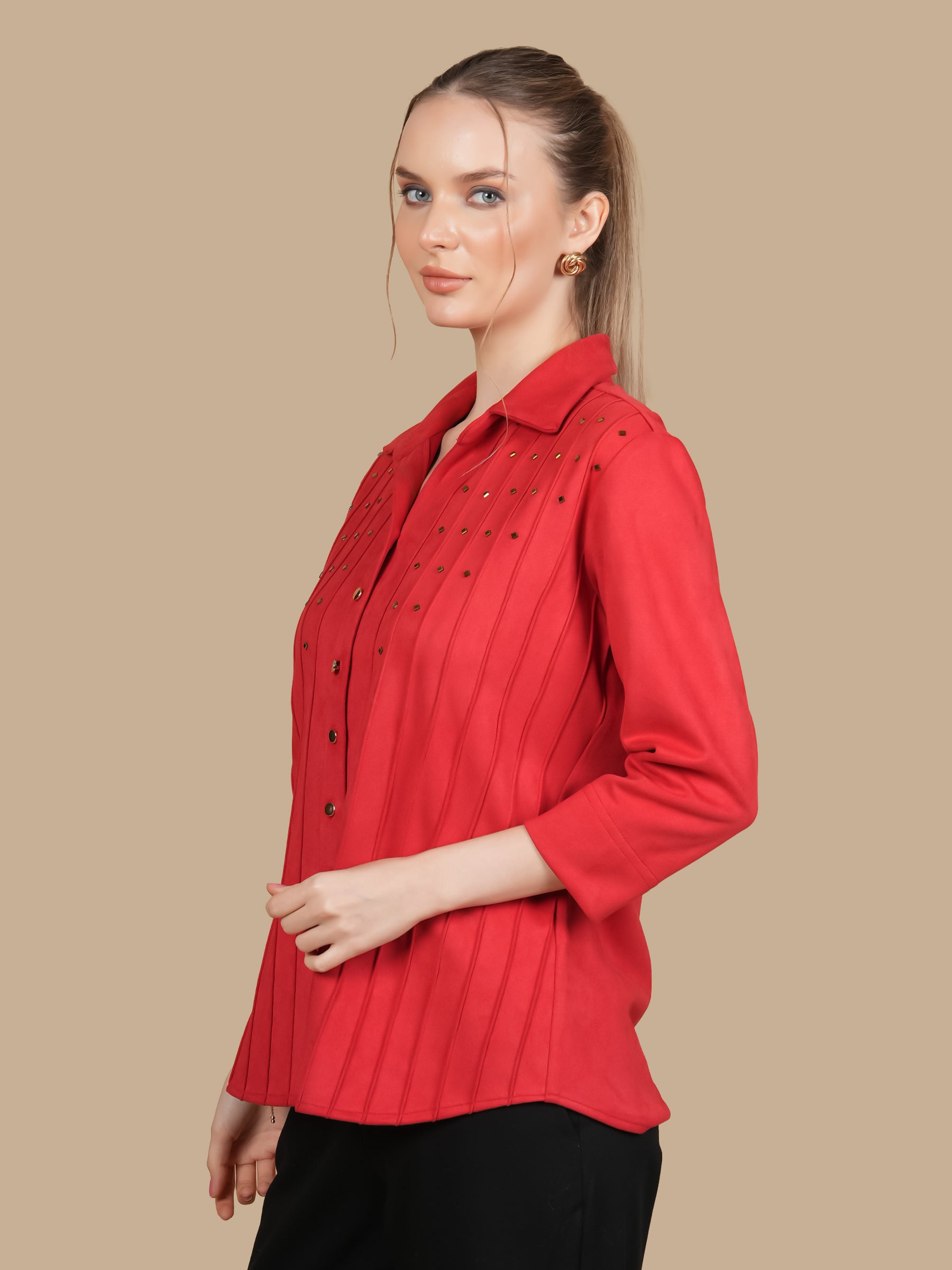 SWAROVSKI PINTUCK RED SUEDE SHIRT