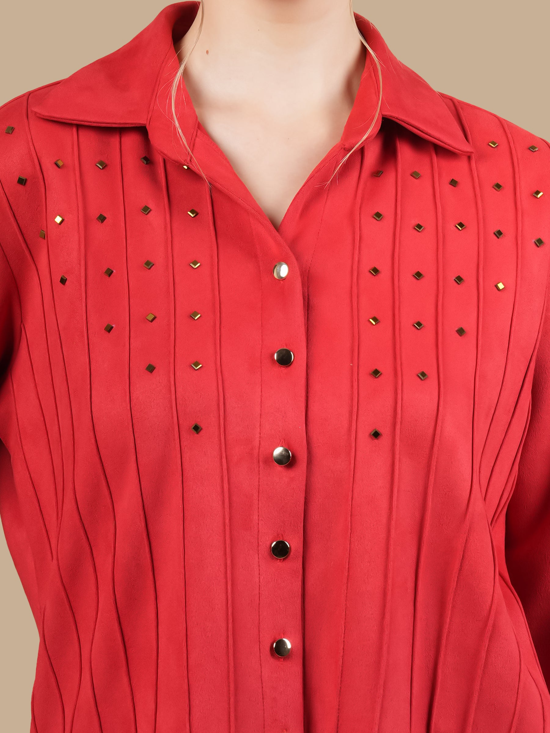 SWAROVSKI PINTUCK RED SUEDE SHIRT