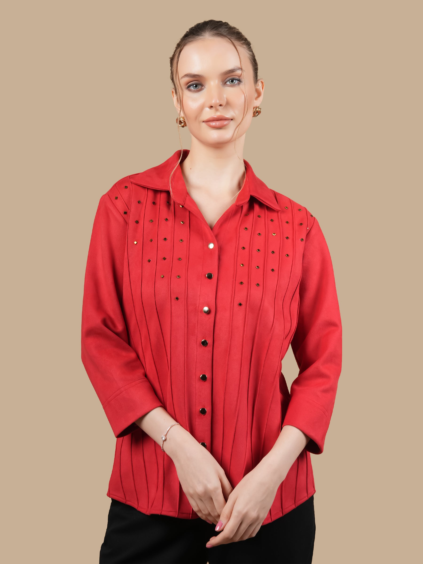 SWAROVSKI PINTUCK RED SUEDE SHIRT