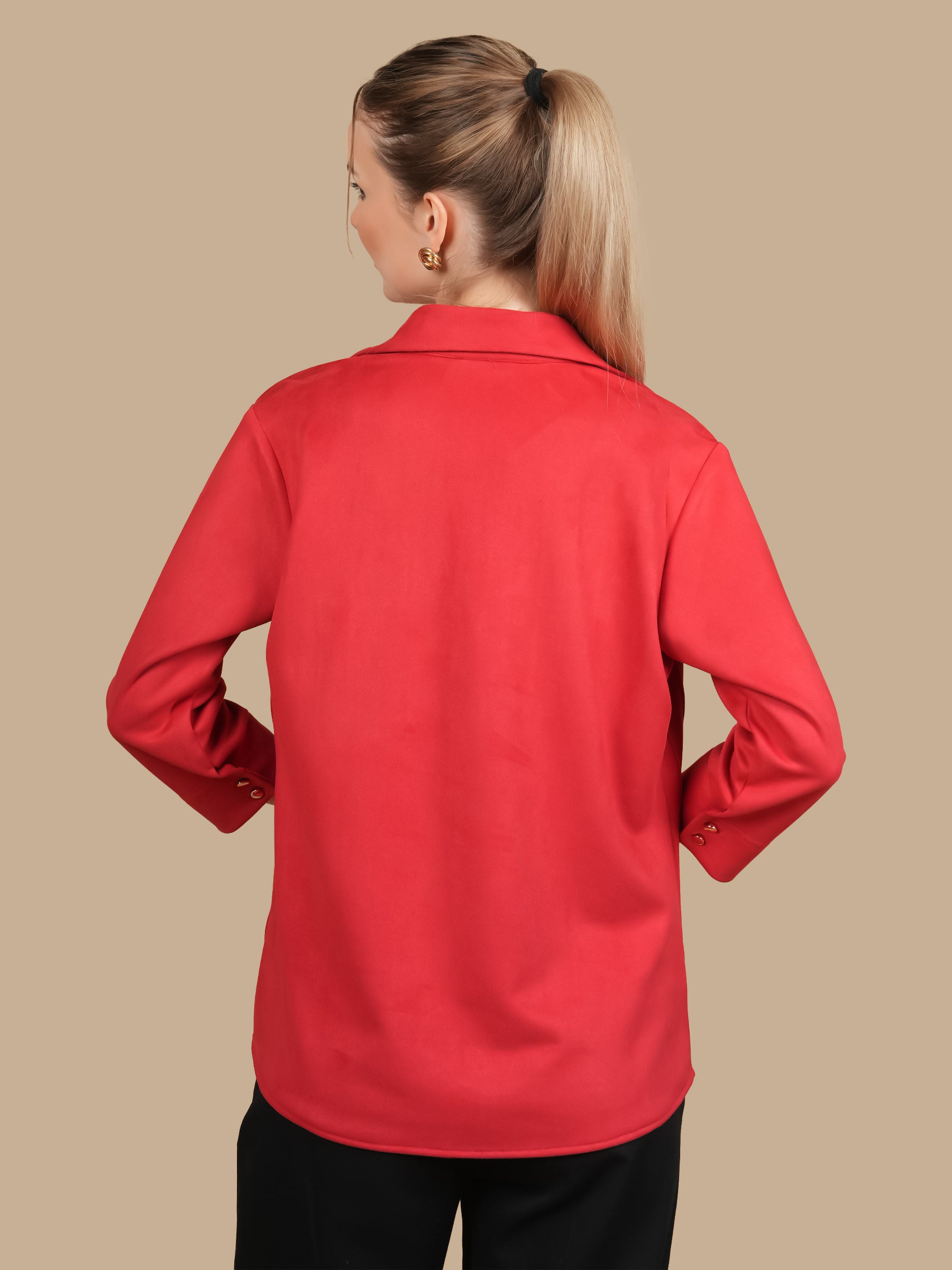 SWAROVSKI PINTUCK RED SUEDE SHIRT