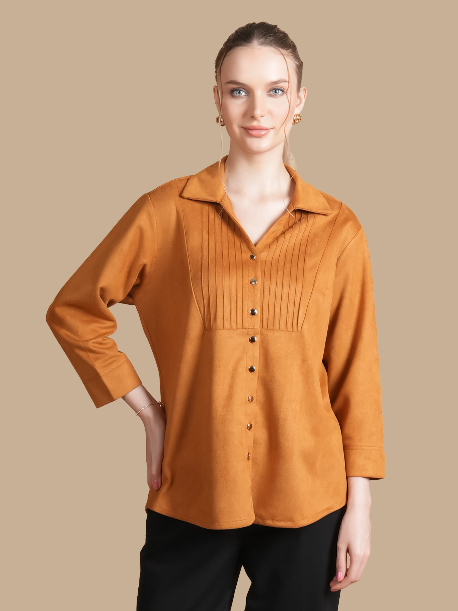 SUEDE PINTUCK MUSTARD SHIRT