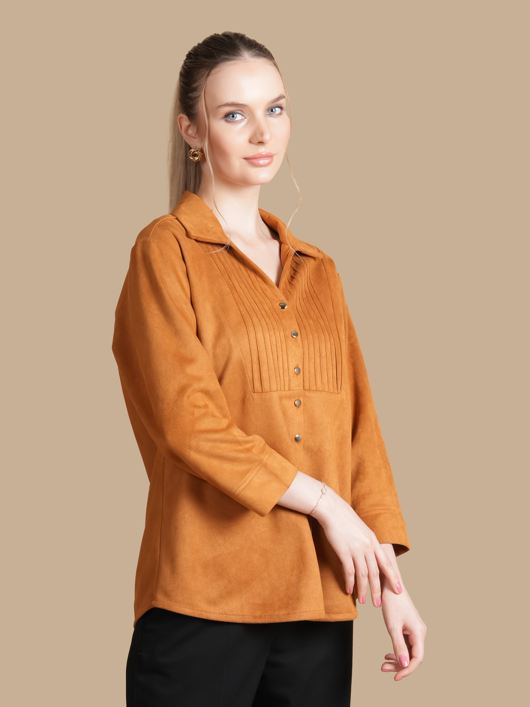 SUEDE PINTUCK MUSTARD SHIRT