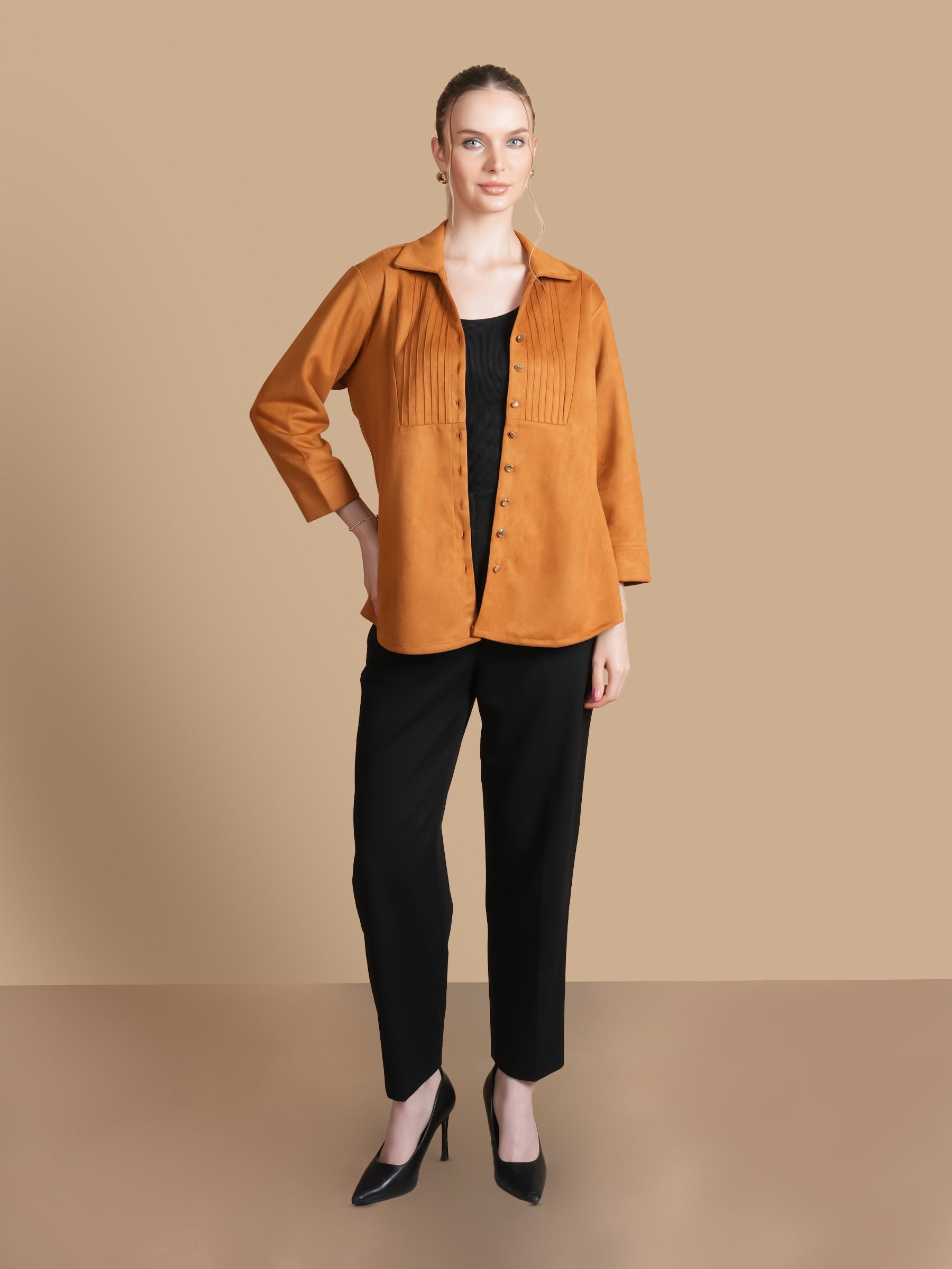 SUEDE PINTUCK MUSTARD SHIRT