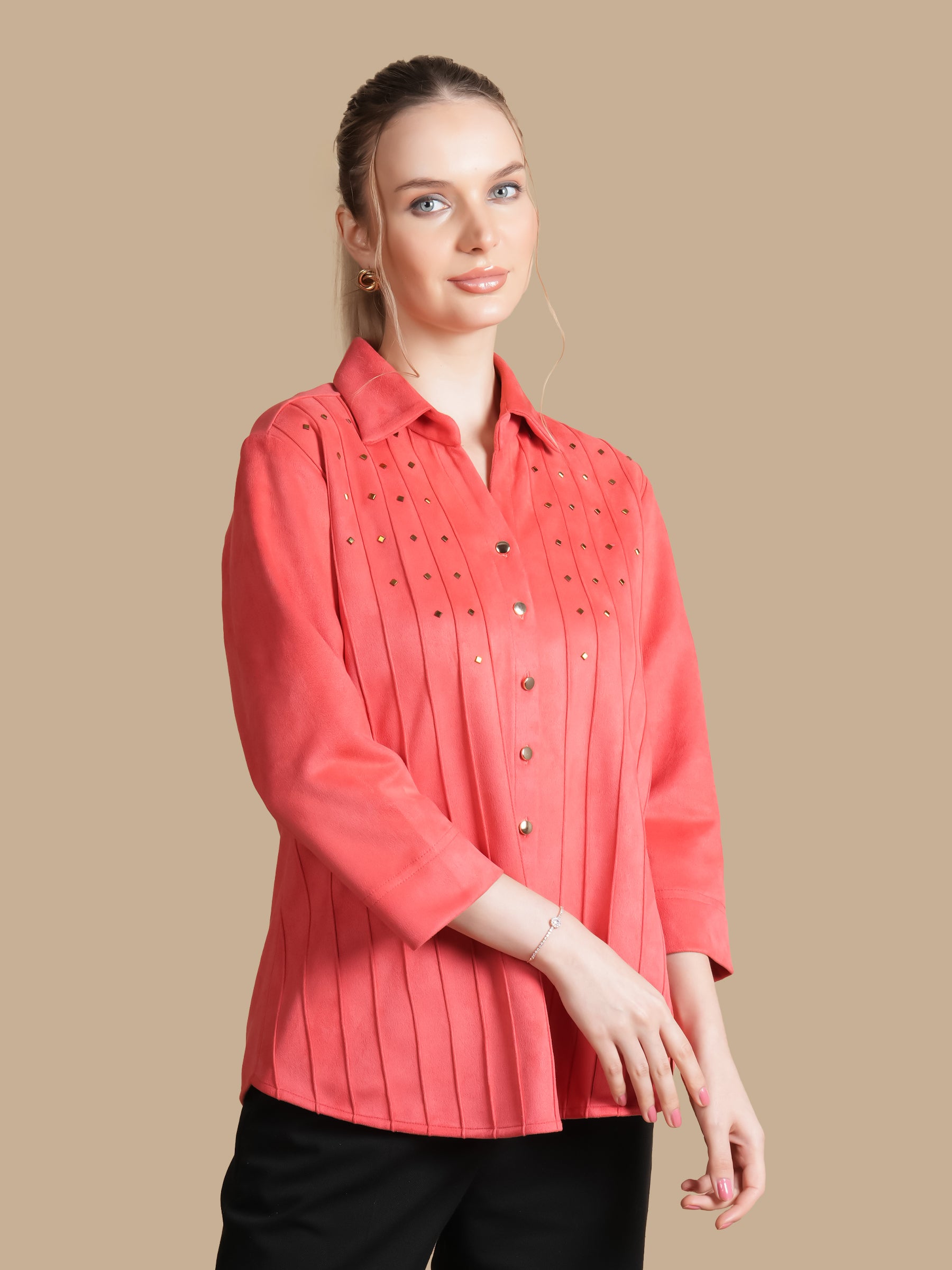 SWAROVSKI PINTUCK CORAL SUEDE SHIRT