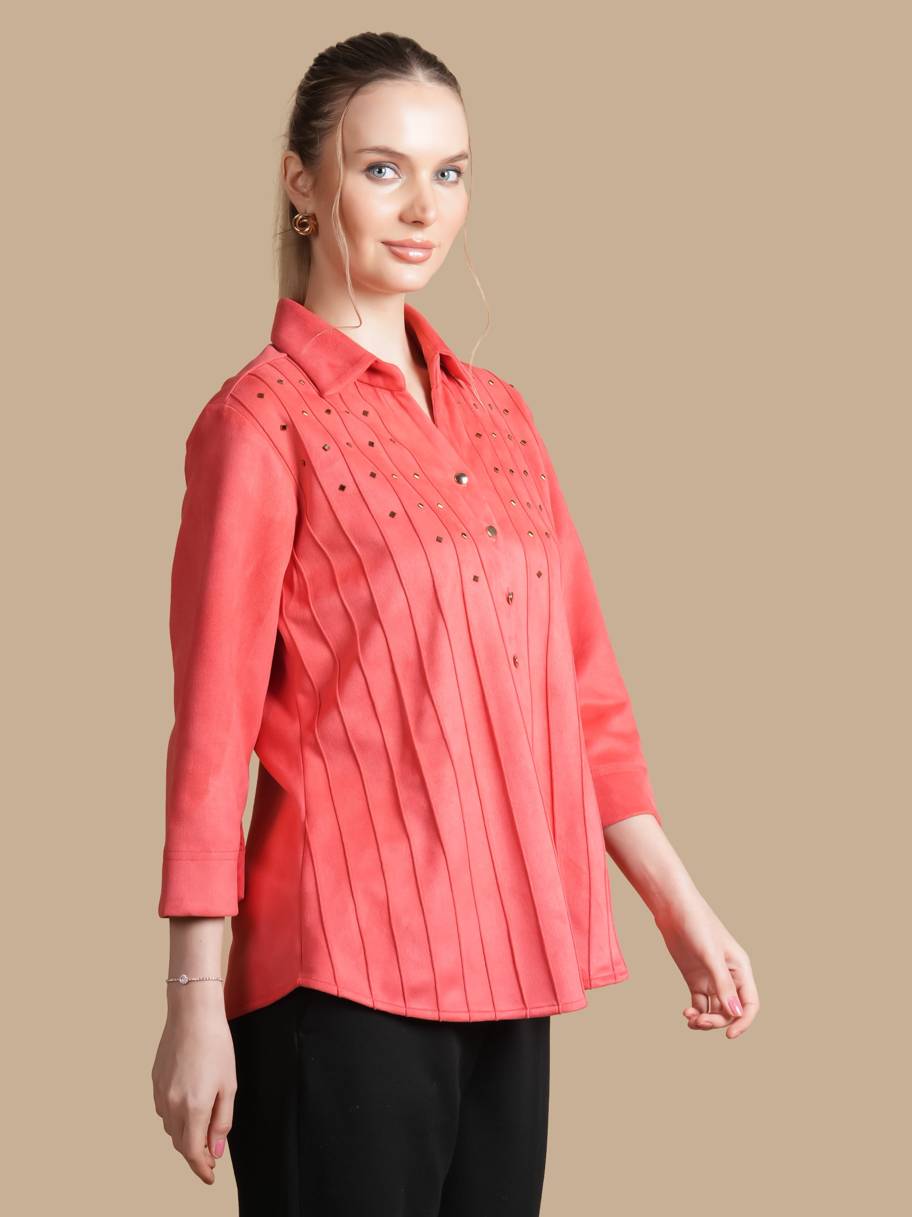 SWAROVSKI PINTUCK CORAL SUEDE SHIRT