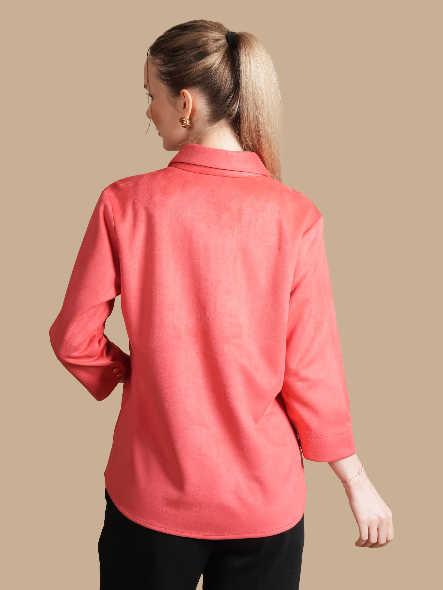 SWAROVSKI PINTUCK CORAL SUEDE SHIRT