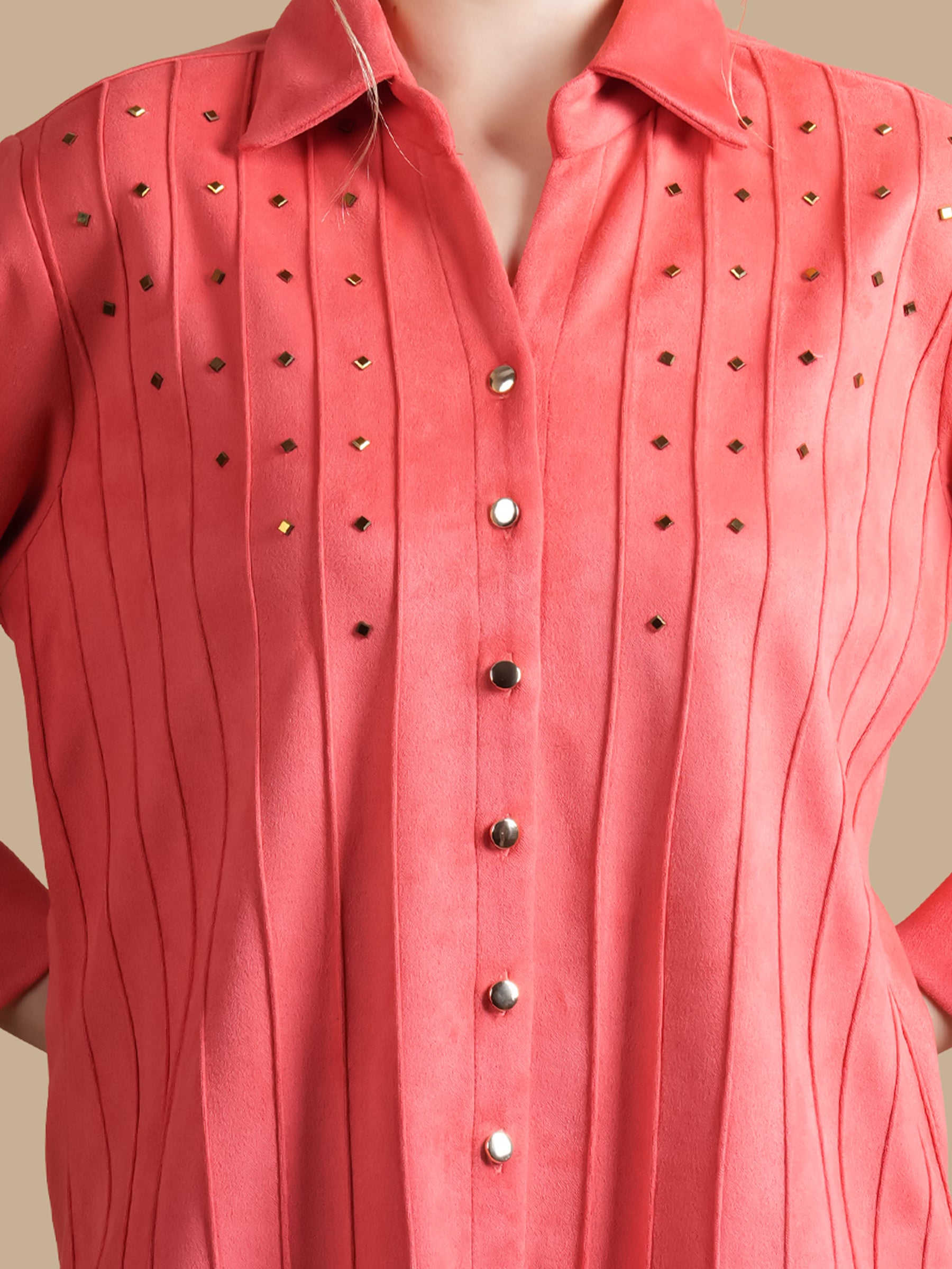 SWAROVSKI PINTUCK CORAL SUEDE SHIRT