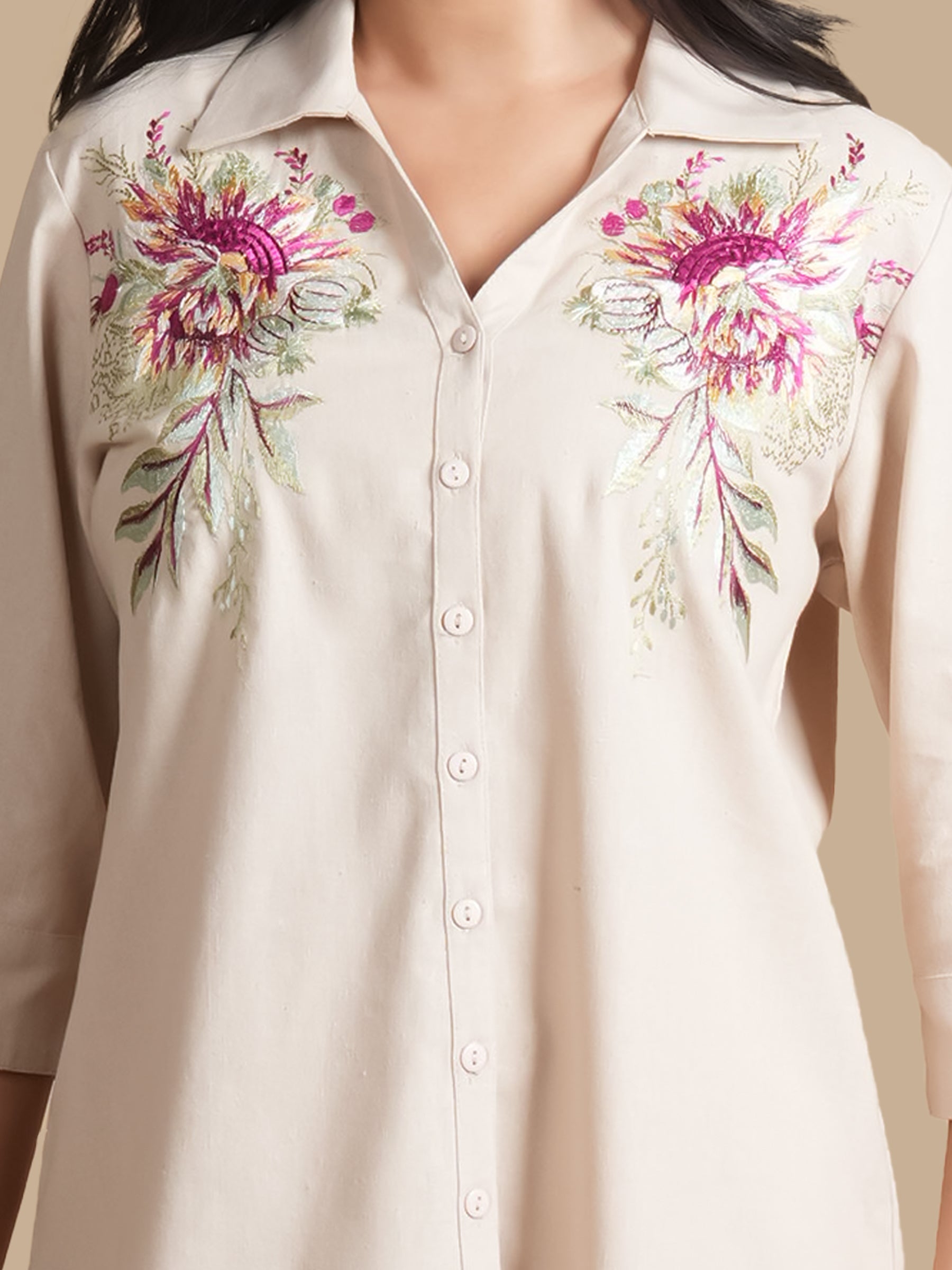 LINEN BLOSSOM  EMBROIDERED BEIGE SHIRT
