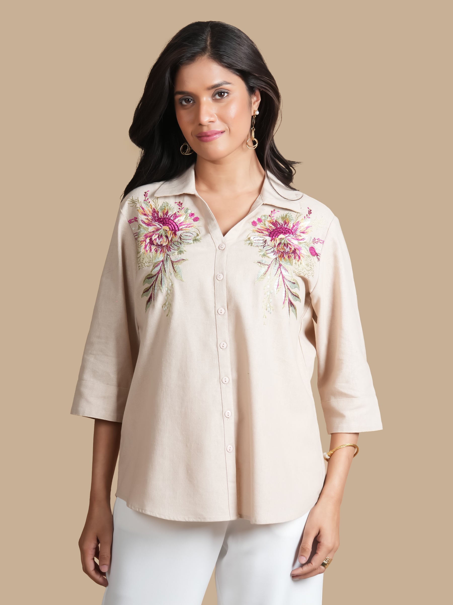 LINEN BLOSSOM  EMBROIDERED BEIGE SHIRT