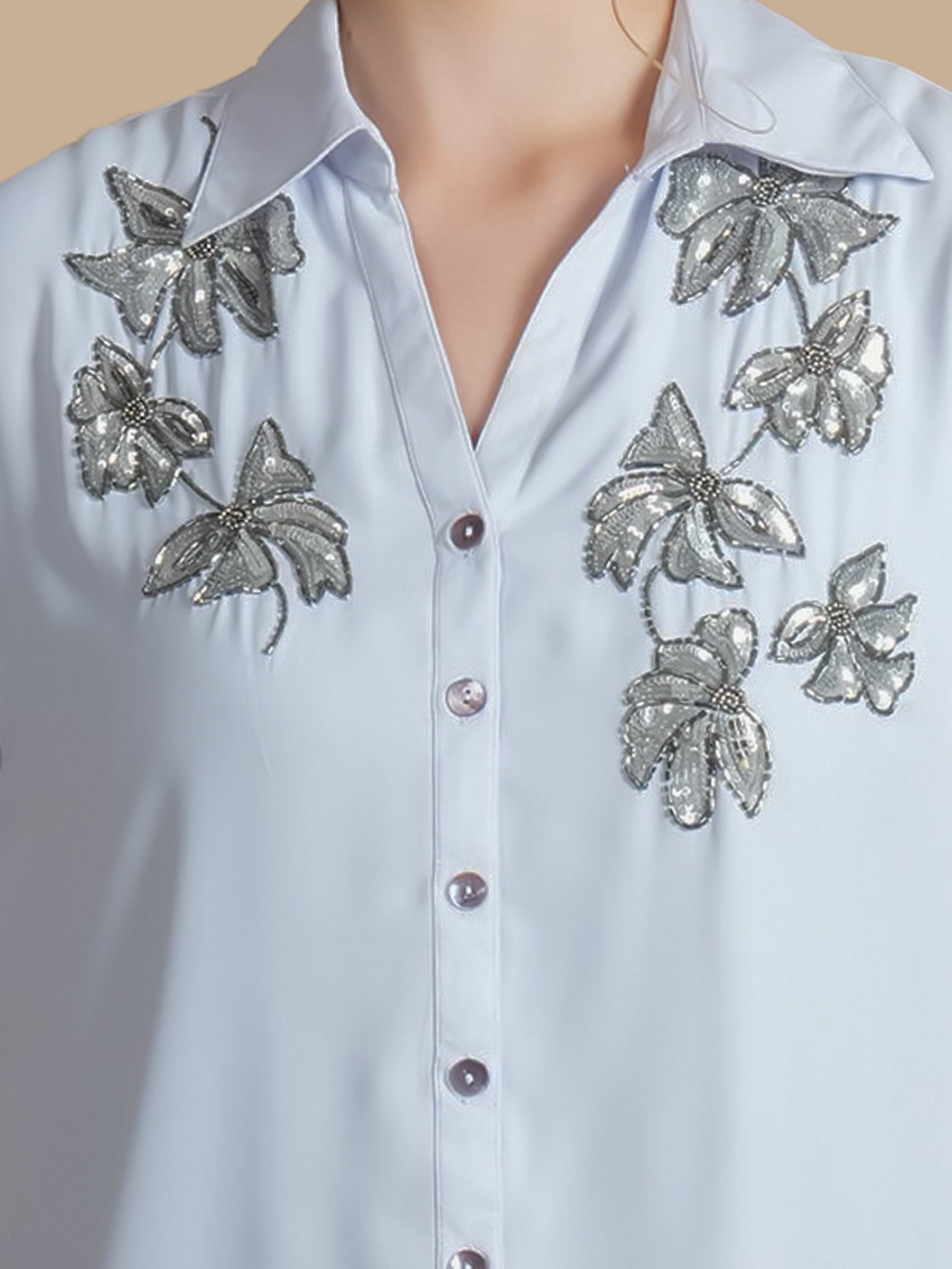 BUTTERFLY SEQUINS  LIGHT GREY SHIRT