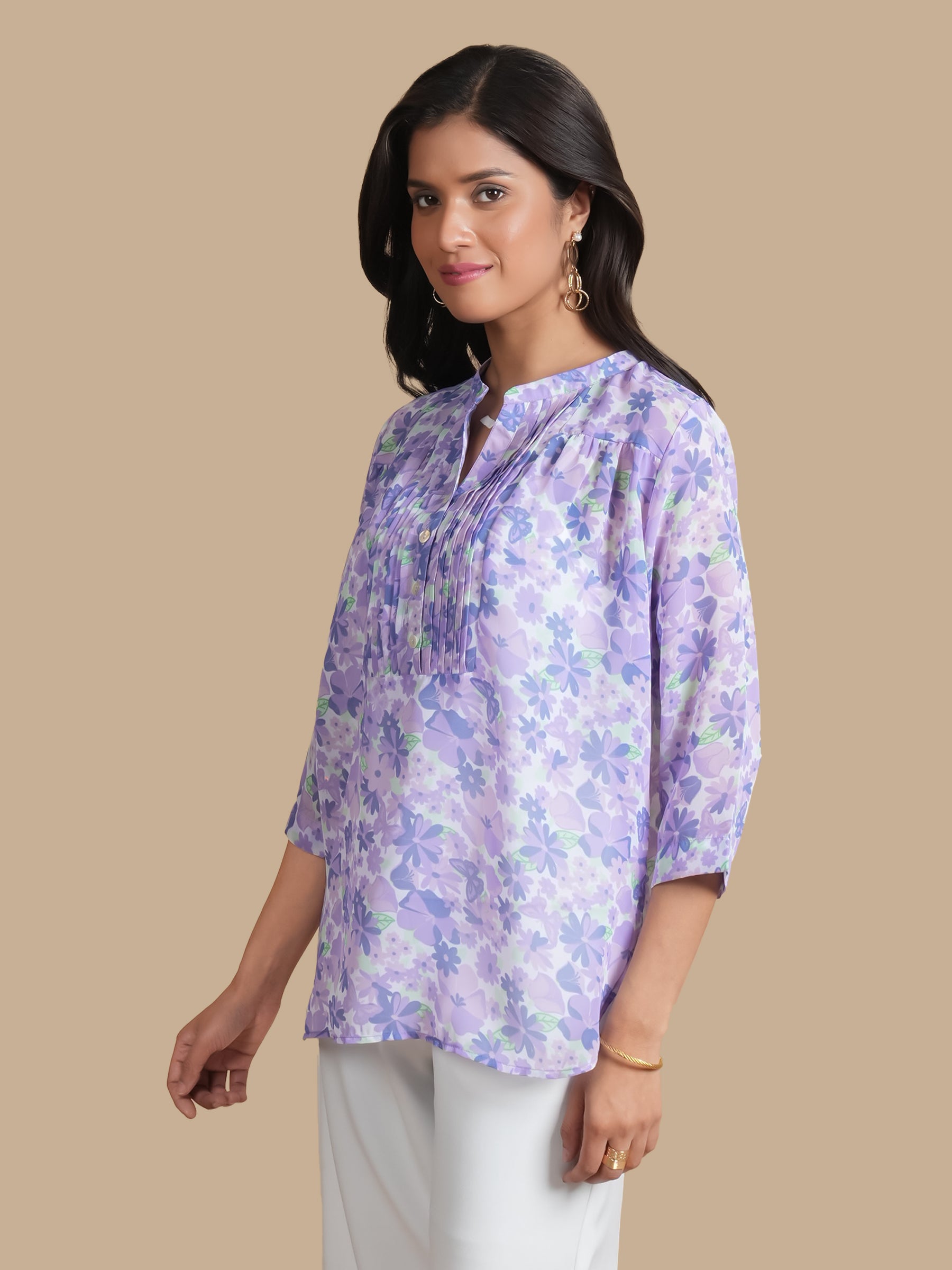 LILAC PLEATED PRINTED TOP