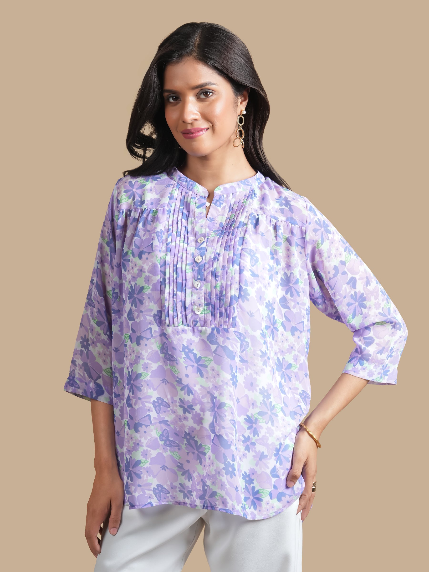LILAC PLEATED PRINTED TOP