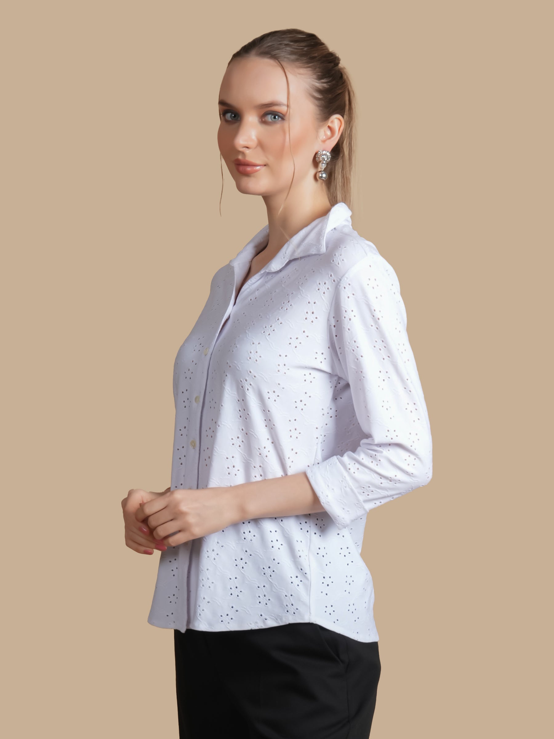 WHITE SCHIFFLI KNIT SHIRT