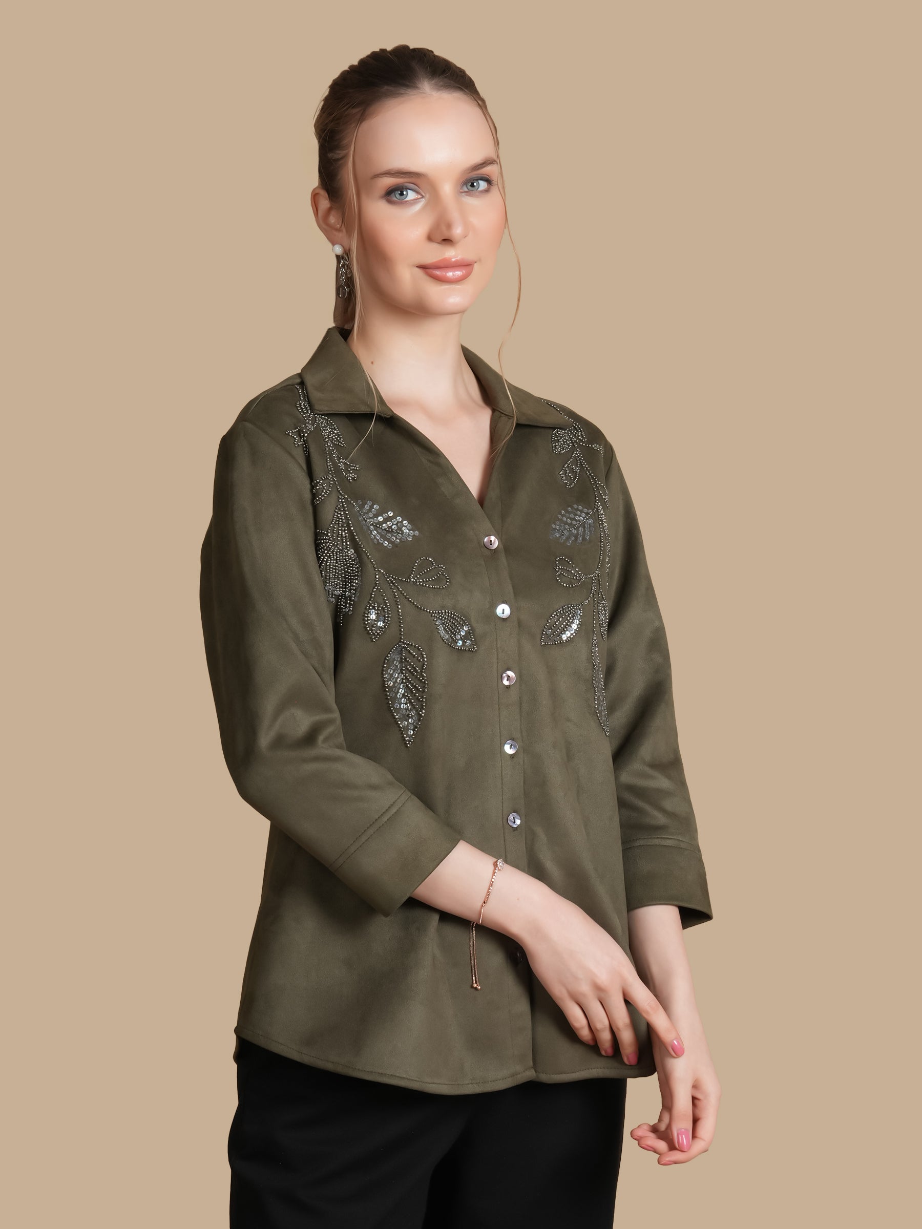 FERN SEQUINS OLIVE SHIRT