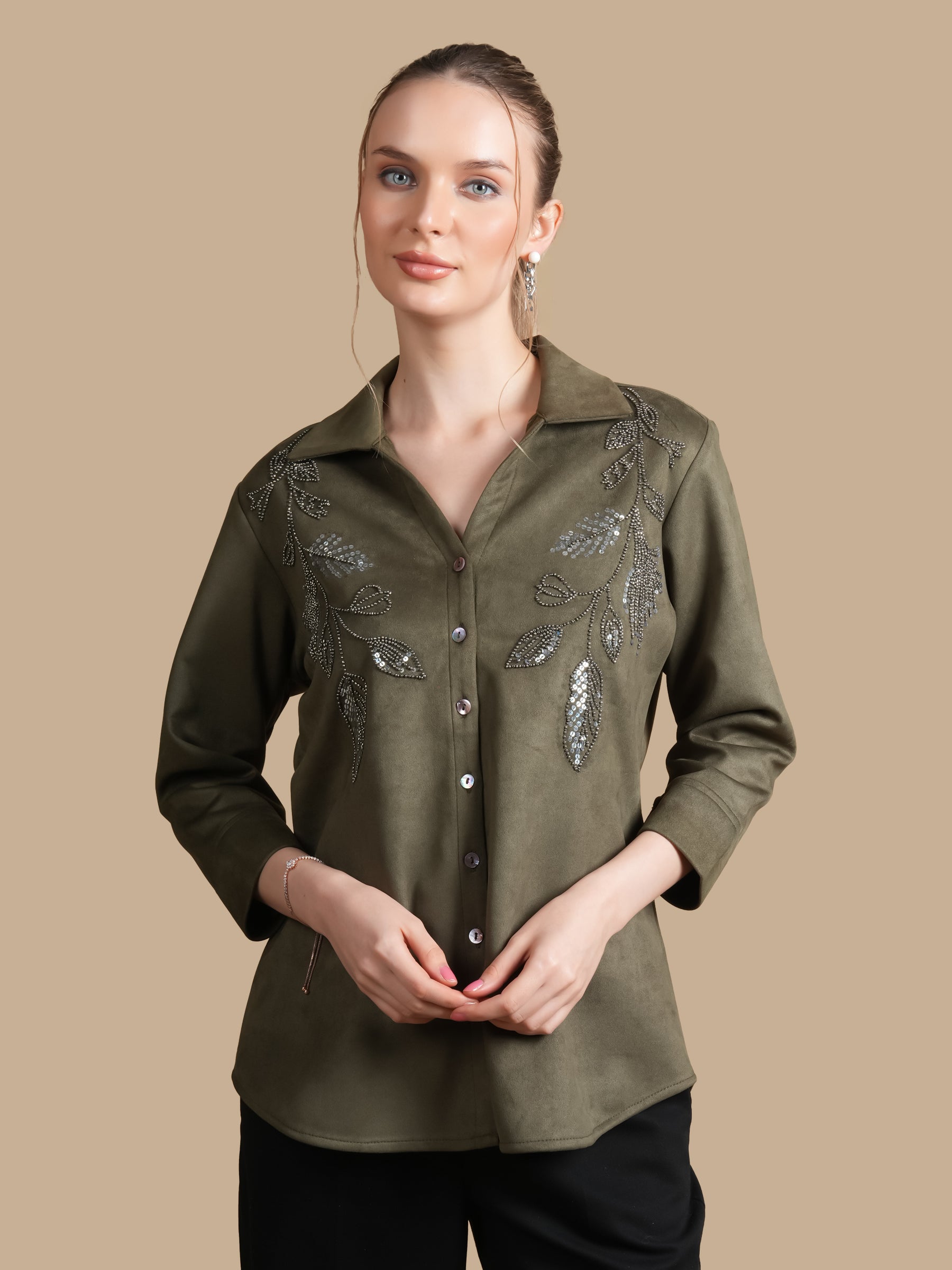 FERN SEQUINS OLIVE SHIRT