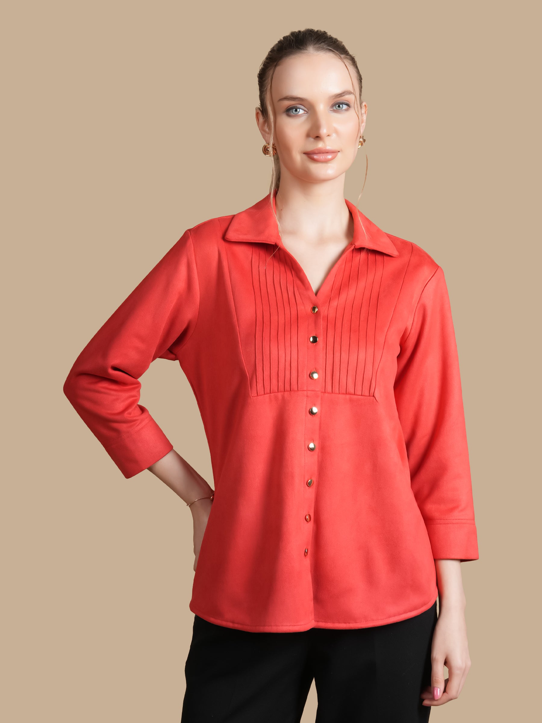 SUEDE PINTUCK CORAL SHIRT