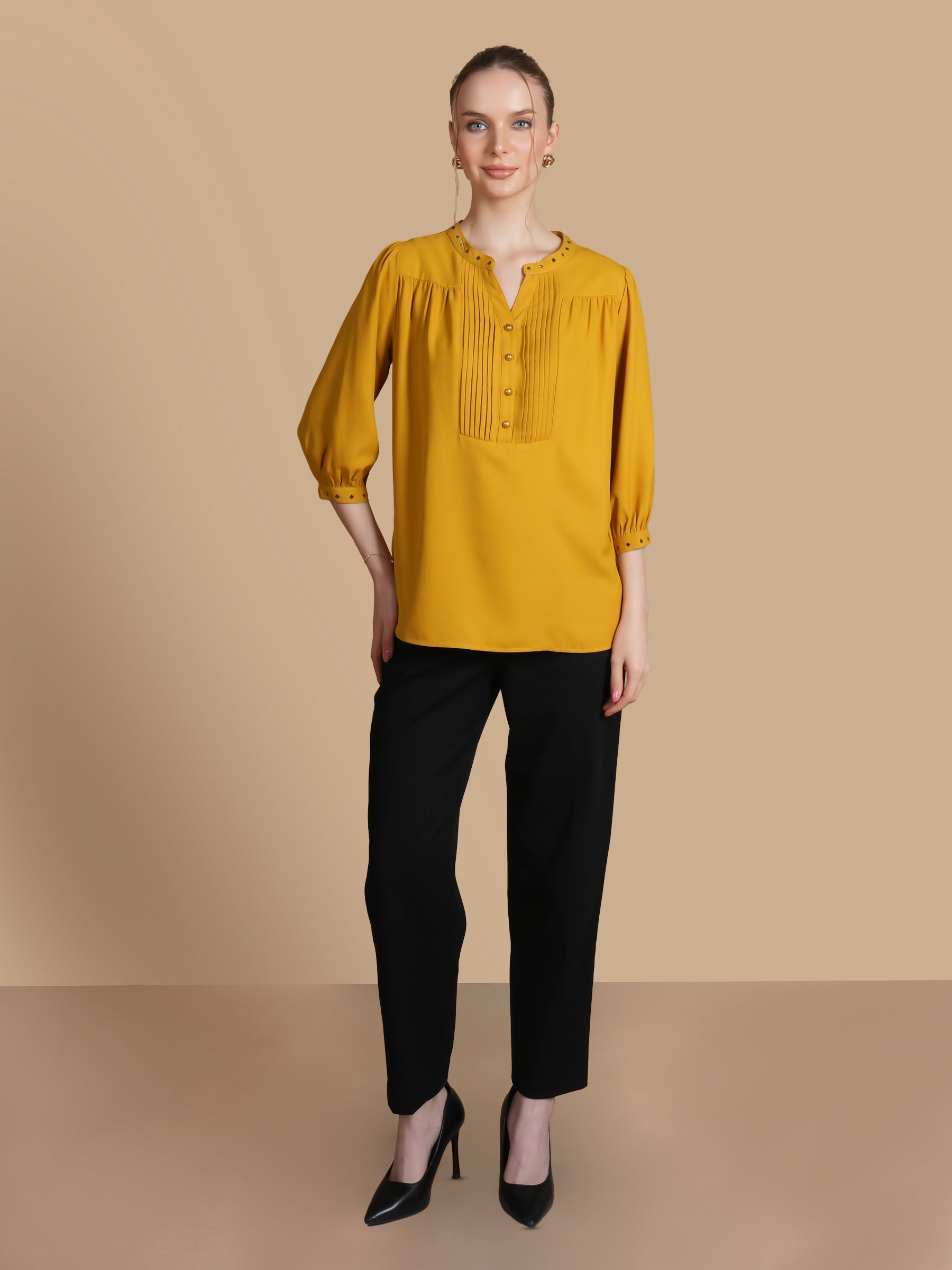 EMBELLISHED PLEATED  MUSTARD TOP