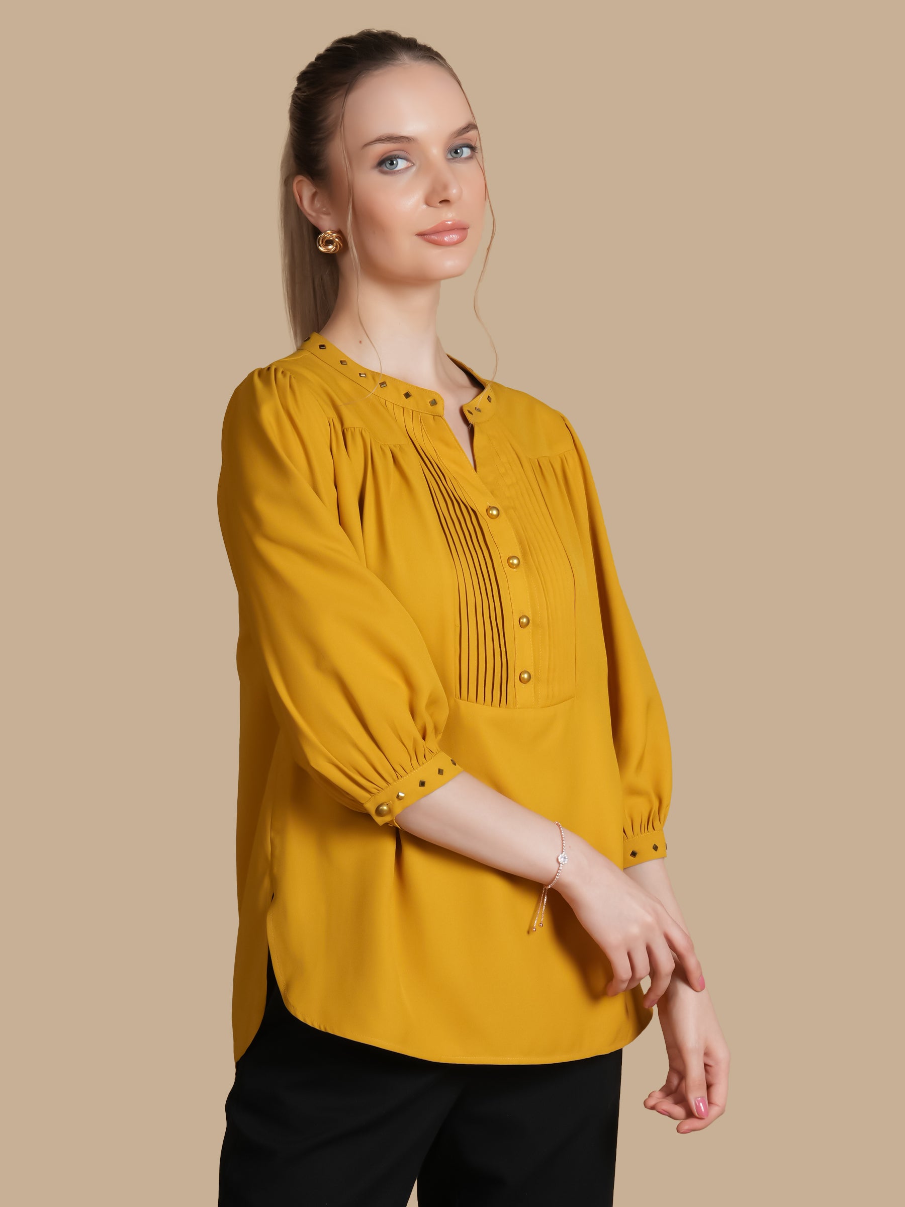 EMBELLISHED PLEATED  MUSTARD TOP