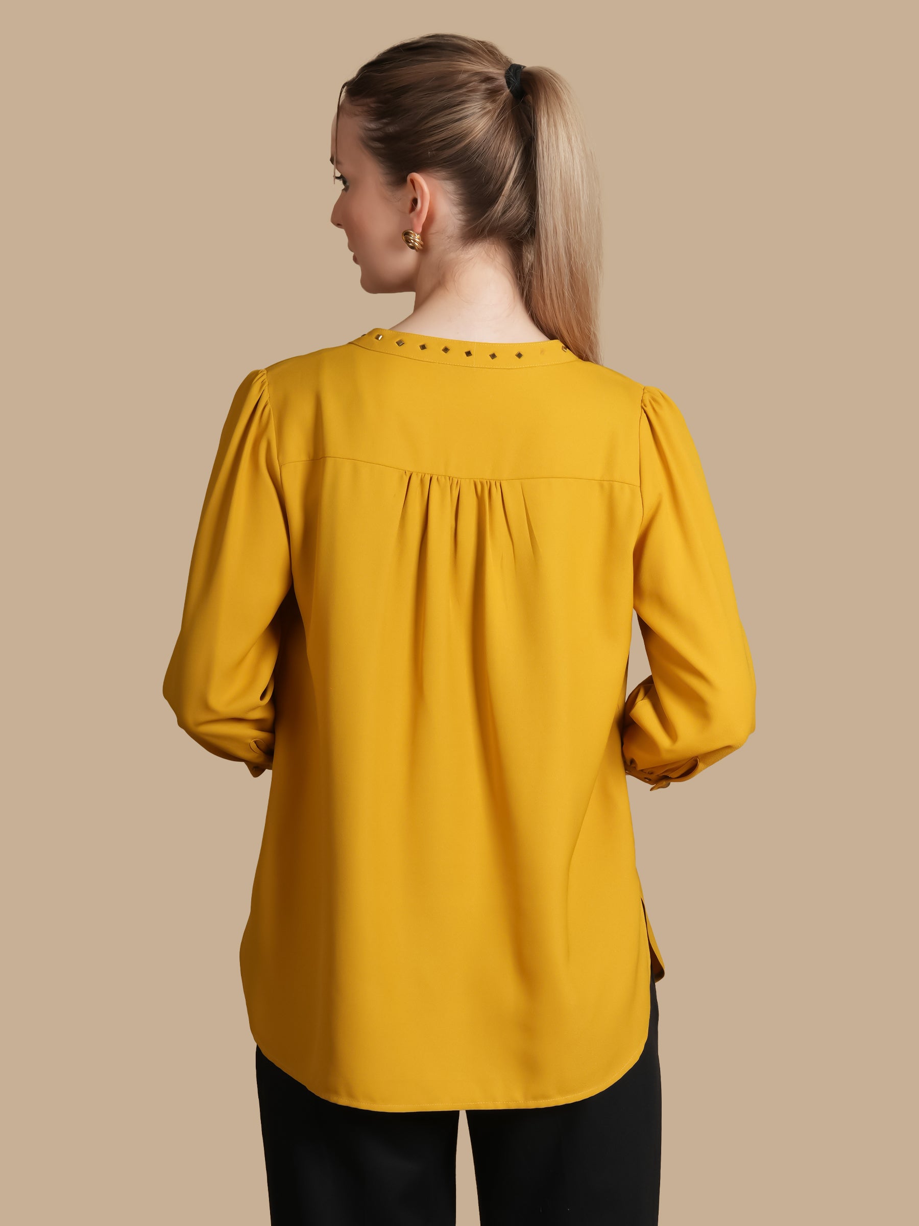 EMBELLISHED PLEATED  MUSTARD TOP