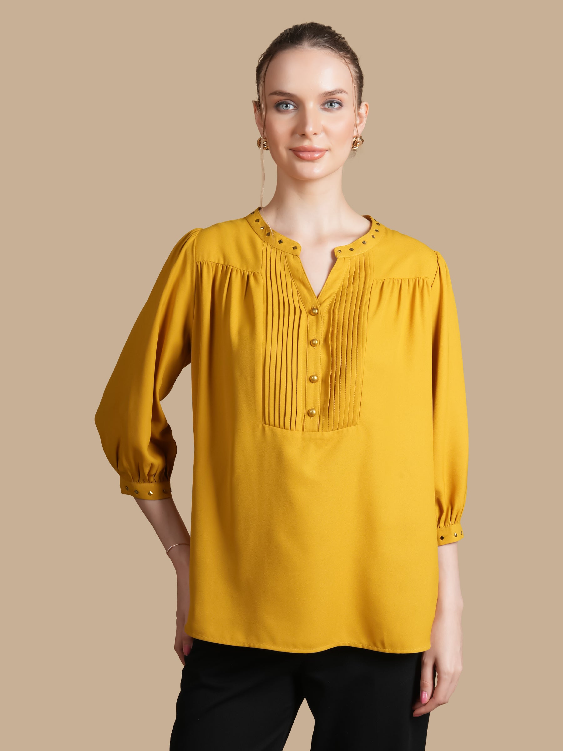 EMBELLISHED PLEATED  MUSTARD TOP