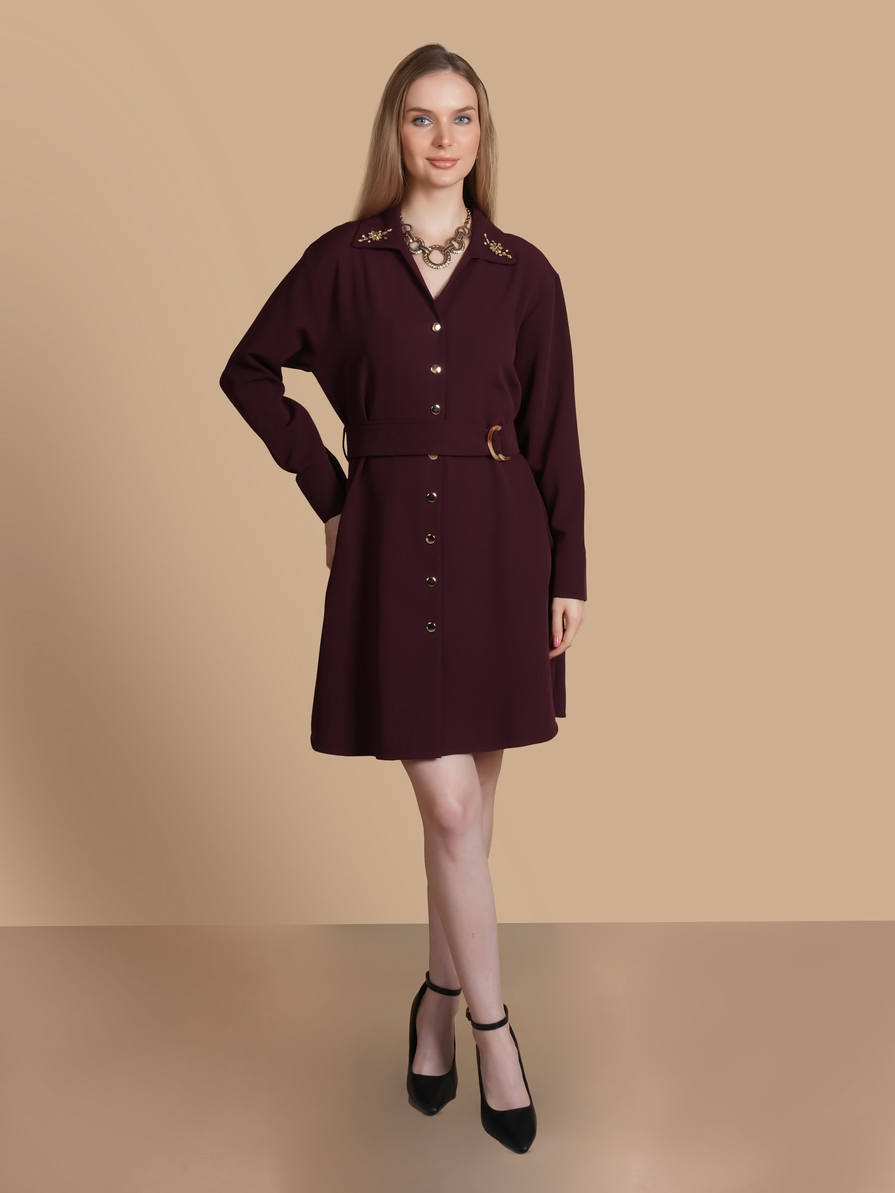 RHINESTONE MAROON DRESS WITH BELT