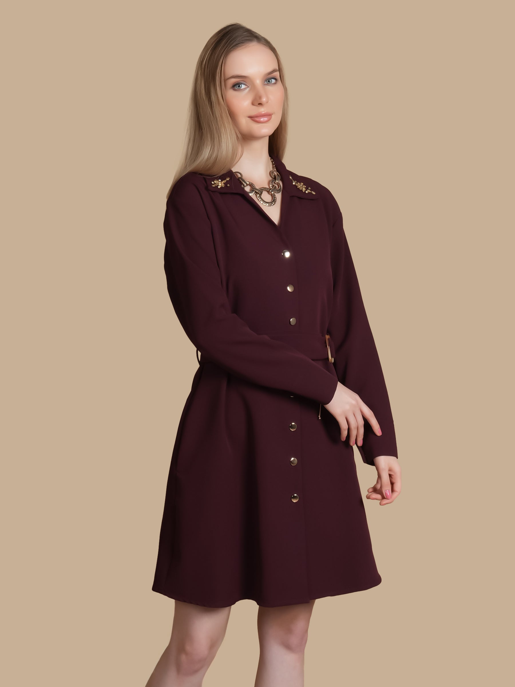 RHINESTONE MAROON DRESS WITH BELT