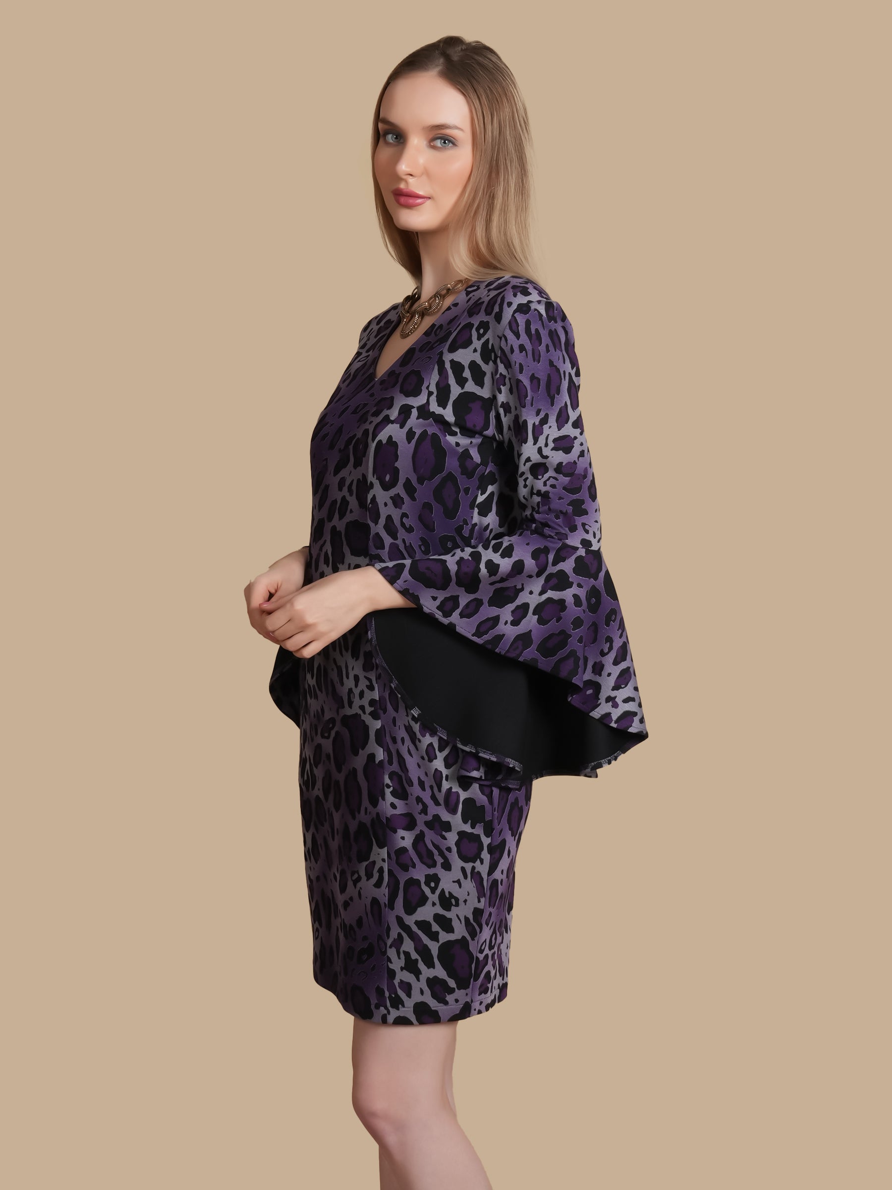 PURPLE LEOPARD PRINT  BELL SLEEVE DRESS
