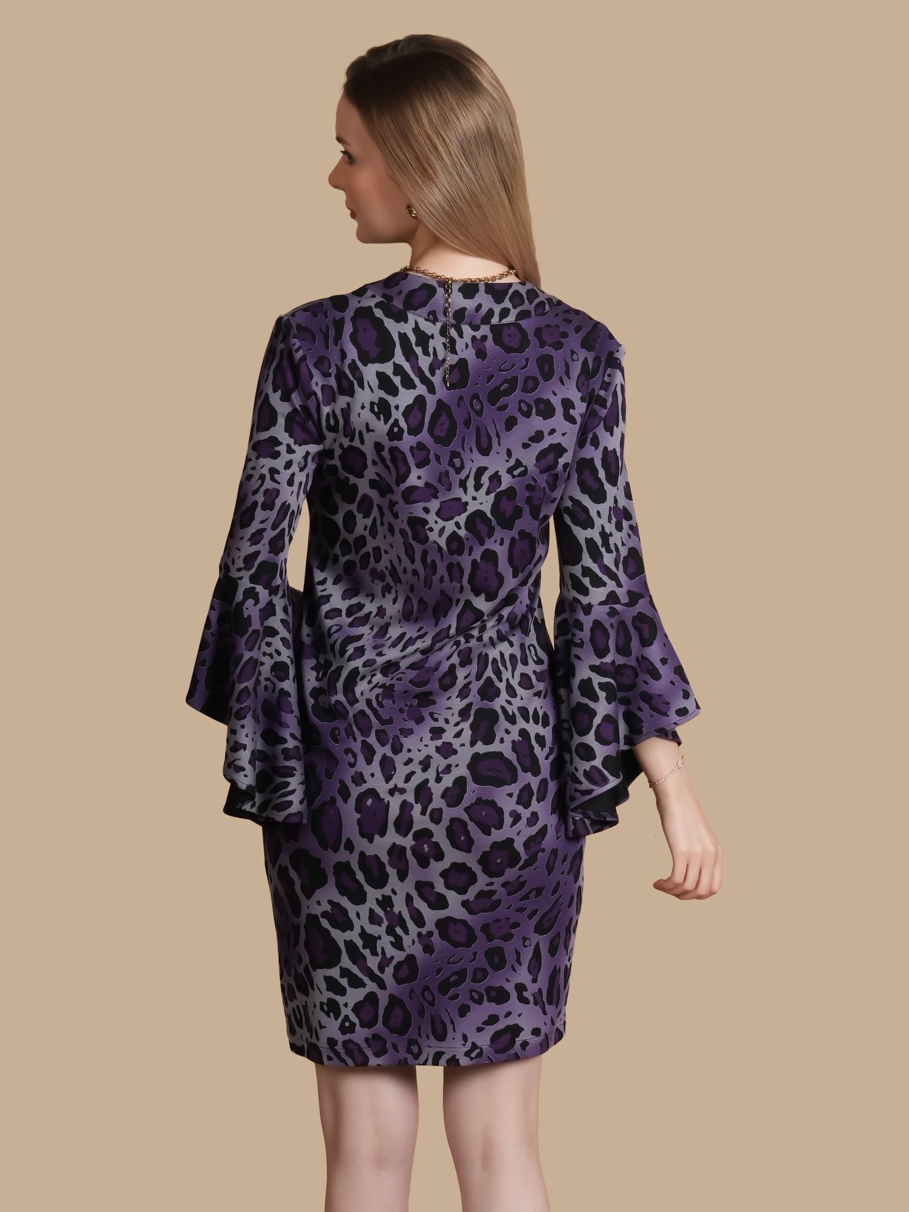 PURPLE LEOPARD PRINT  BELL SLEEVE DRESS