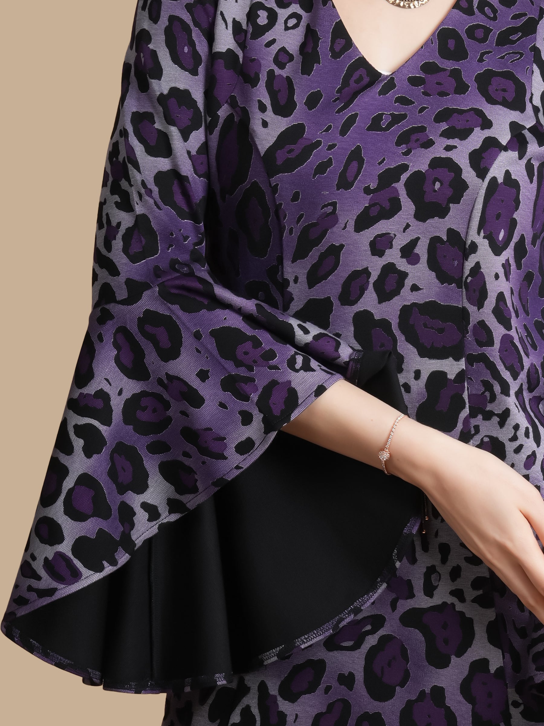 PURPLE LEOPARD PRINT  BELL SLEEVE DRESS