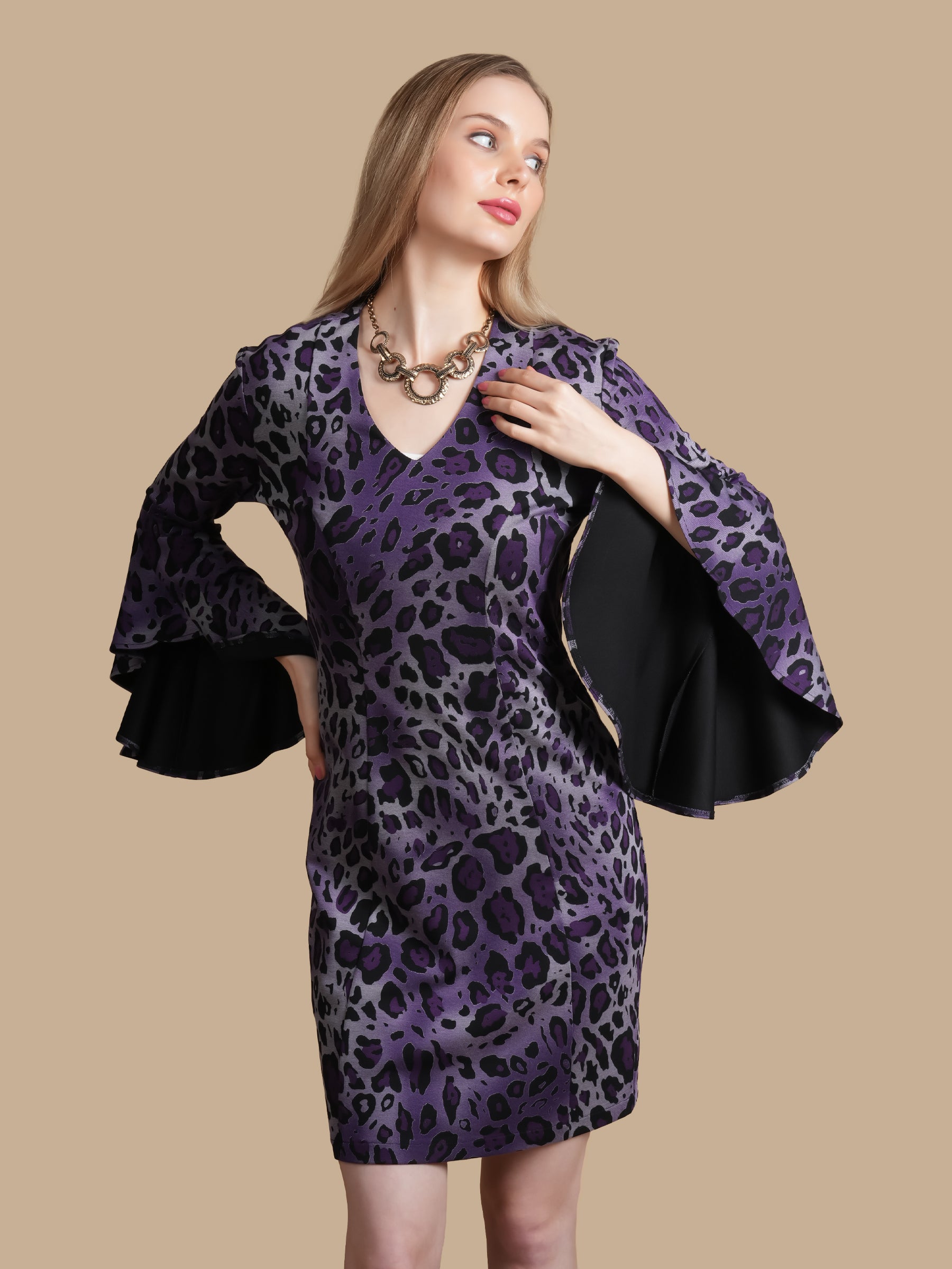 PURPLE LEOPARD PRINT  BELL SLEEVE DRESS