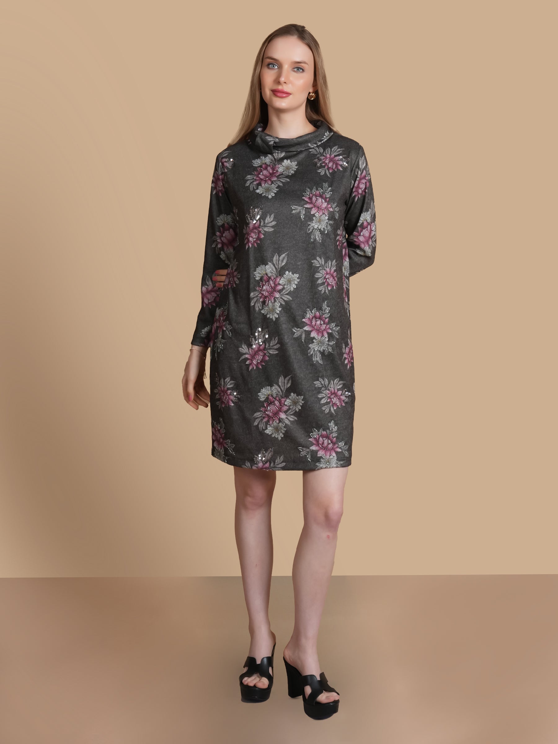 ANGORA HAND  EMBELLISHED GREY DRESS