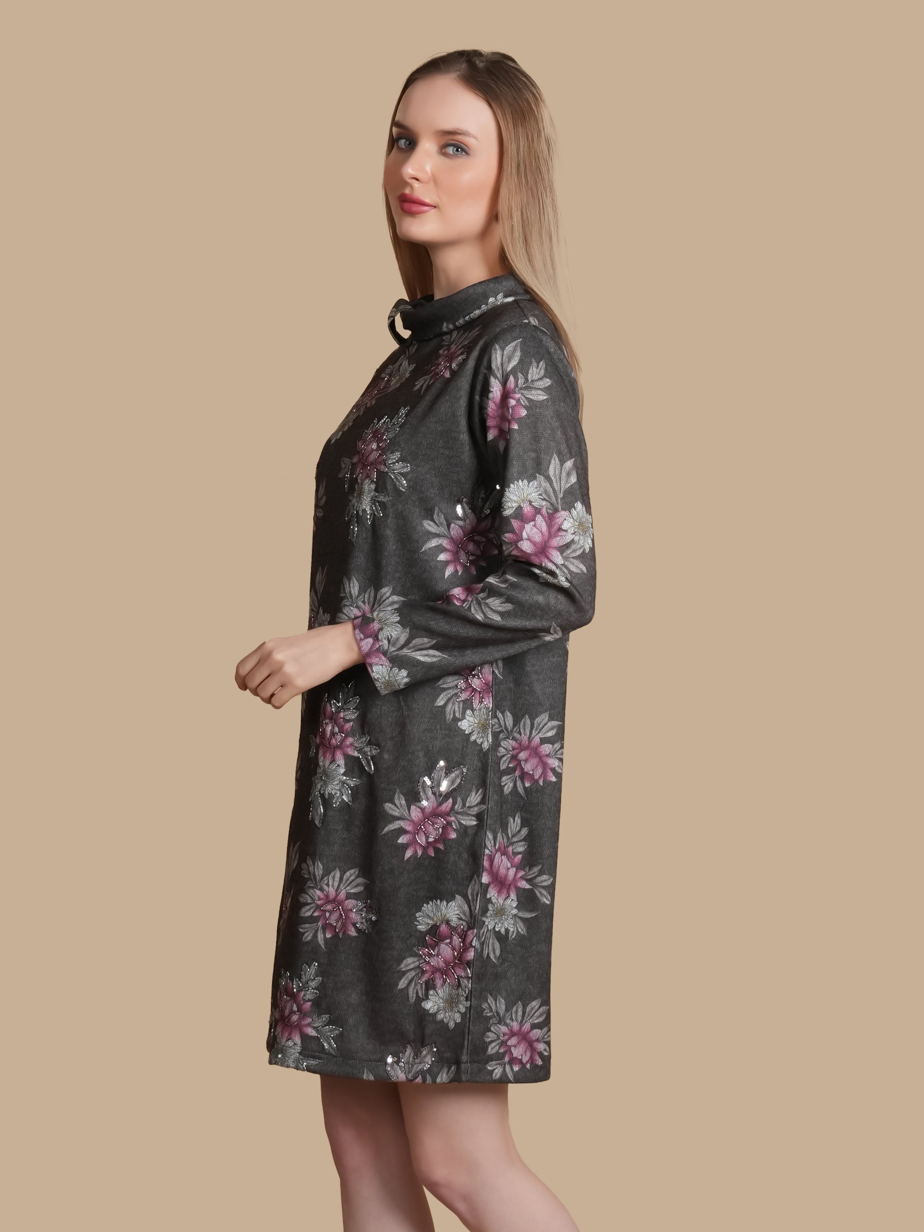 ANGORA HAND  EMBELLISHED GREY DRESS